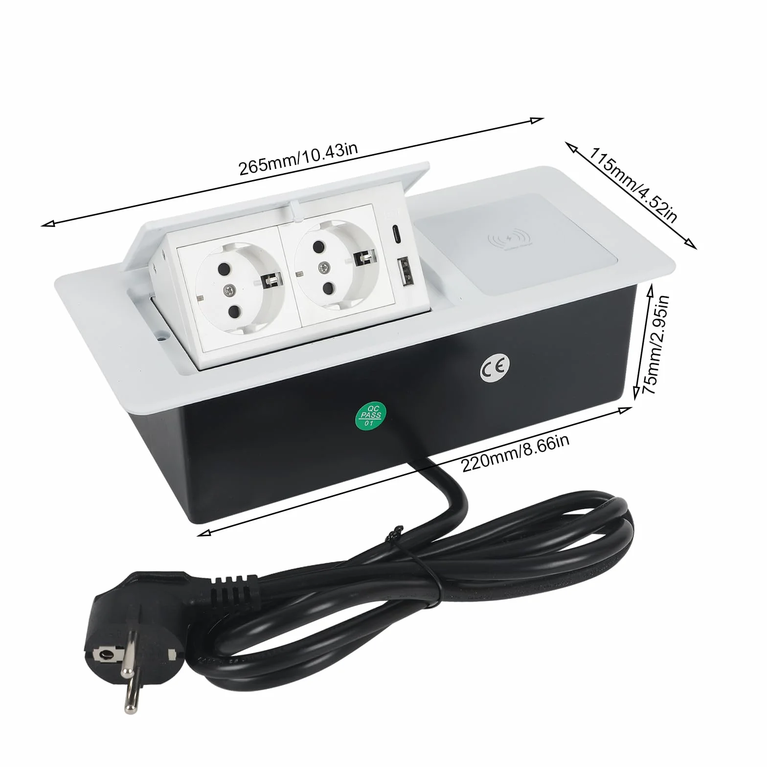 Wysuwane gniazdko elektryczne, 2 gniazda wtykowe do zabudowy, z USB i bezprzewodową ładowarką 15 W, typ C, 20 W, szybkie ładowanie, gniazdko stołowe, do biura, blatu roboczego (białe)