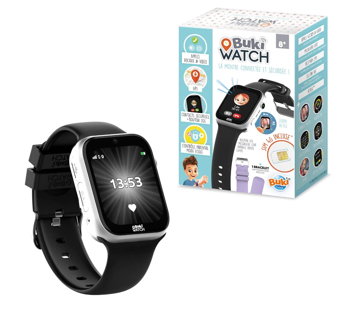 Smartwatch dla dzieci z dołączoną kartą SIM - połączenia, GPS, SOS, wideo, wodoodporny, kontrola rodzicielska za pomocą aplikacji - 2 paski - od 8 lat - gotowy do pracy - zegarek BUKI - FIB01