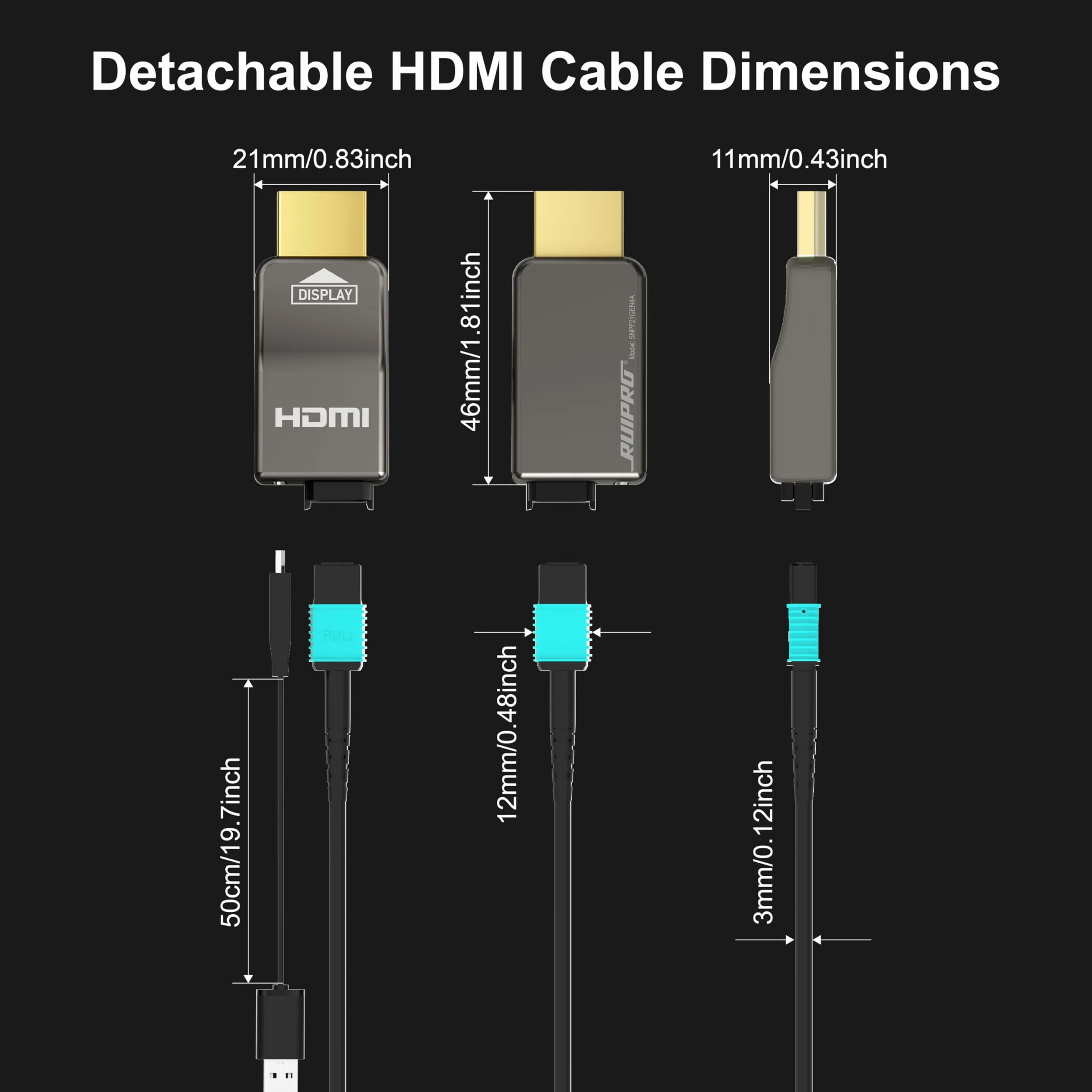 RUIPRO HDMI 2.1 8K, pełny światłowód, odłączany, opancerzony, 48Gbps, 3 m | Pełny światłowód zmniejsza EMI względem miedzi, a odłączane moduły pozwalają uniknąć wymiany całego kabla w ścianie
