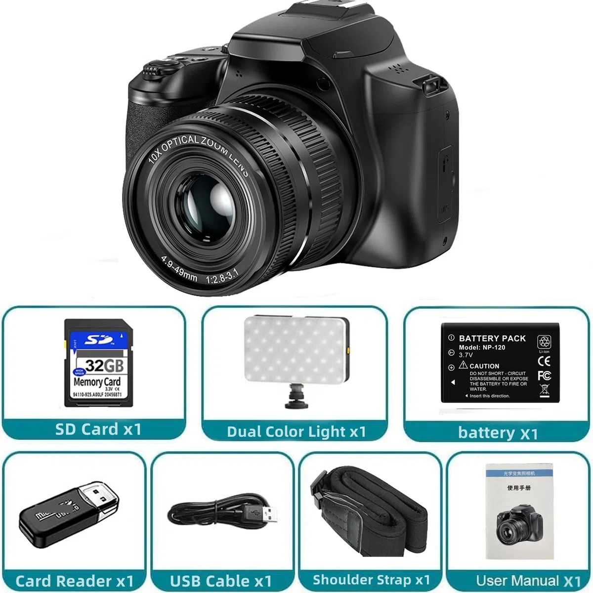 Kamera wideo, Cyfrowa lustrzanka 64 MP do fotografii, aparat z 10-krotnym zoomem optycznym Kamera wideo 4K HD Vlog Kamera internetowa Lustrzanki cyfrowe(5MP Add 64G,Dual Color Light)