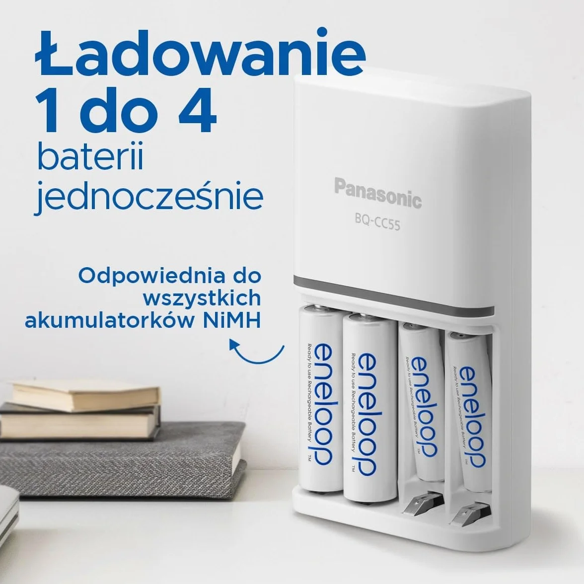 Panasonic eneloop SmartPlus Ładowarka do 1–4 akumulatorów AA/AAA Ni-MH z 4 wskaźnikami LED, Biała