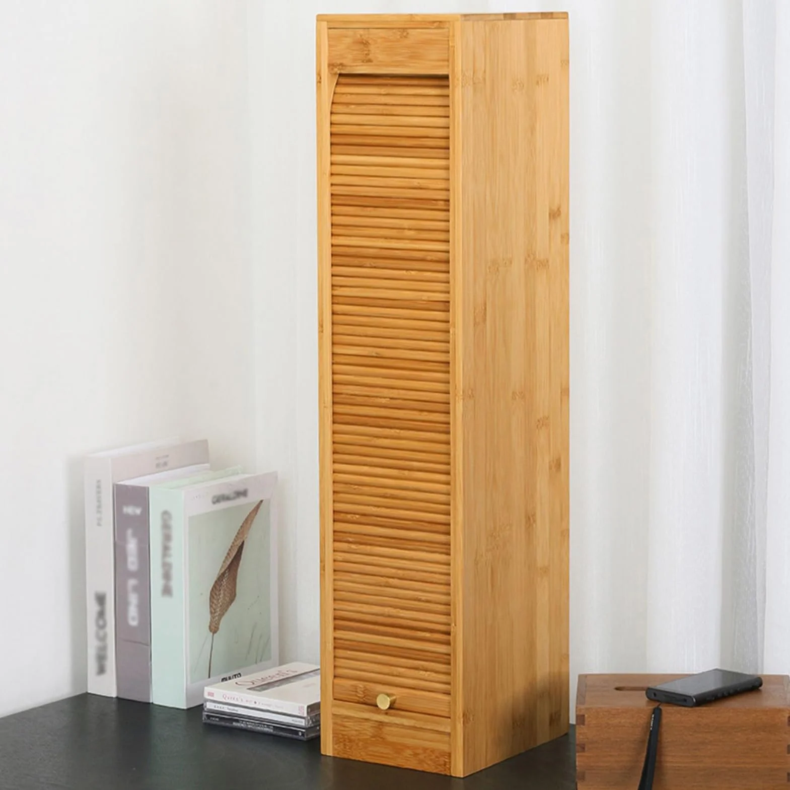 Bambusowy stojak do przechowywania płyt CD półka ekspozycyjna DVD z miedzianym uchwytem biurko do domowego biura mieści 40 płyt CD 15 x 18 x 61 cm