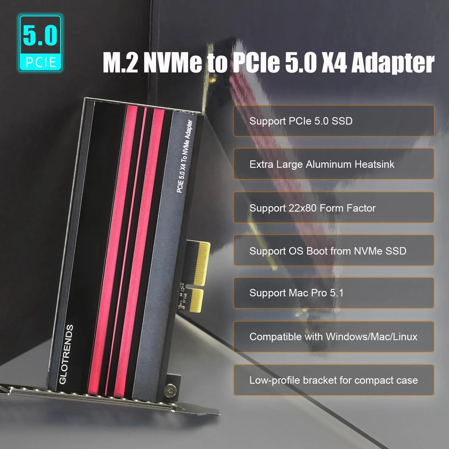 GLOTRENDS PA19 Adapter M.2 NVMe do PCIe 5.0 X4 dla M.2 NVMe SSD, duża aluminiowa osłona radiatora, zwykły i niskoprofilowy wspornik