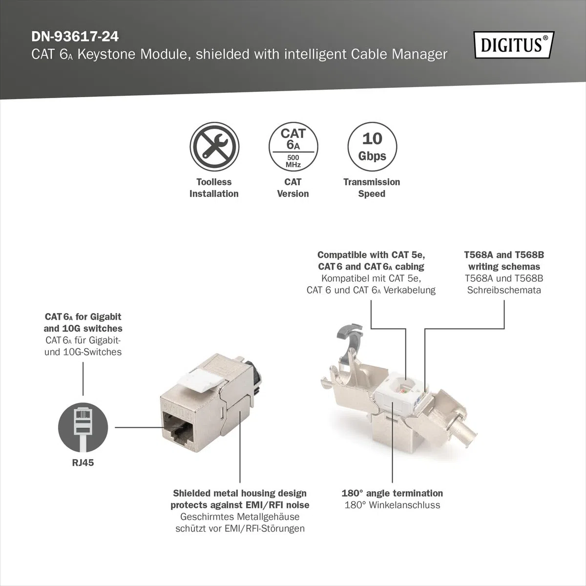 DIGITUS Moduł Keystone Cat-6A ekranowany - 24 sztuki - Gniazdo RJ45 - 500 MHz 10GBase-T - AWG 26-22 - Projektowalny - Z dźwignią blokującą - Montaż bez użycia narzędzi