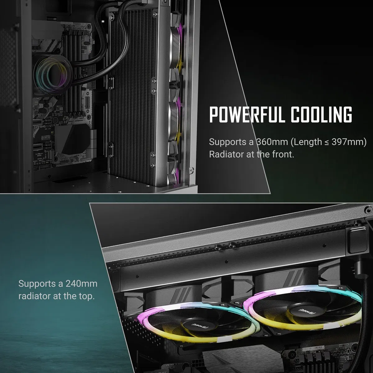 ANTEC NX500M ARGB, panel przedni z siatki o wysokim przepływie powietrza, typ C 3.2 Gen2 Ready, 3 x wentylatory ARGB 120 mm w zestawie, panel boczny ze szkła hartowanego, do 6 wentylatorów, obsługa