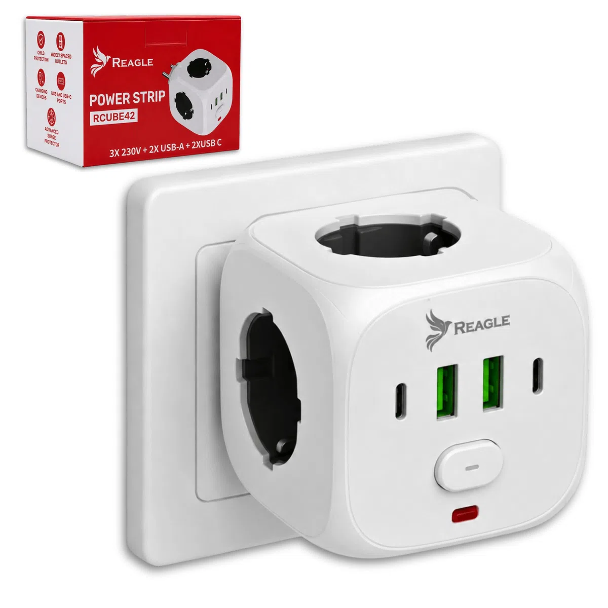 Reagle Kostka Zasilająca Bez Kabla 3 Gniazda 230V, Rozgałęźnik Do Gniazdka z USB 2x USB A 2x USB C, Listwa Zasilająca Cube, Włącznik ON OFF, 2500W, Do Domu Biura Podróży, Biała