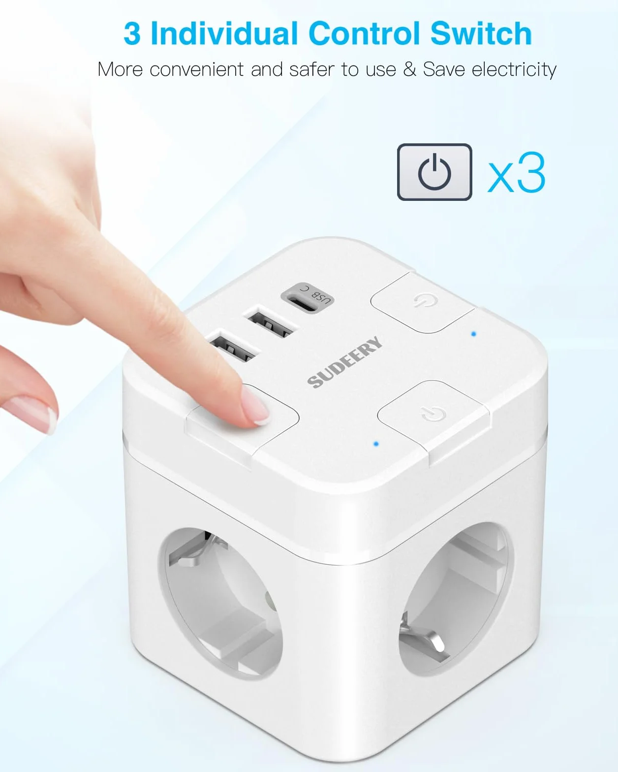Listwa zasilająca 6 w 1 z gniazdem USB C, 3-krotna listwa zasilająca, płaska wtyczka z pojedynczym przełączaniem, kostki z kablem 2 m, 1 wtyczka USB typu C, do biura, domu, podróży (biała)