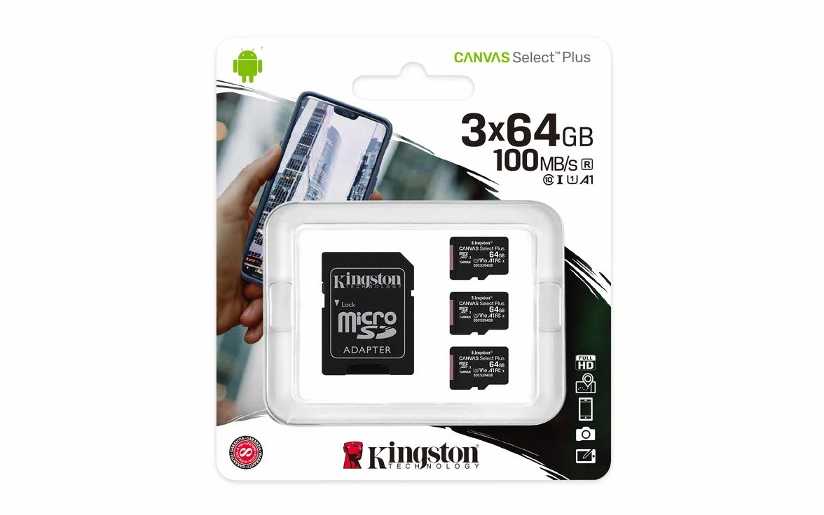 Kingston Canvas Select Plus SDCS2/64GB-3P1A Karta Pamięci Microsd, Czarny, 64 GB