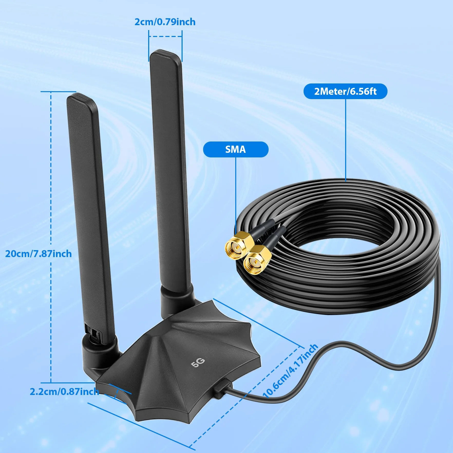 Wzmacniacz sygnału 5G LTE 4G 5dBi SMA TS9 antena zewnętrzna dookólna z podstawą magnetyczną kabel 2 m