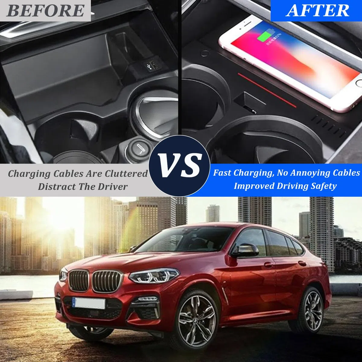 2024 Wersja Bezprzewodowa ładowarka Samochodowa do BMW X3/X4 2018 2019 2020 2021 2022 2023,ładowanie Bezprzewodowe 15 W + USB*2,Bezprzewodowa ładowarka Samochodowa do Samsunga i iPhone'a