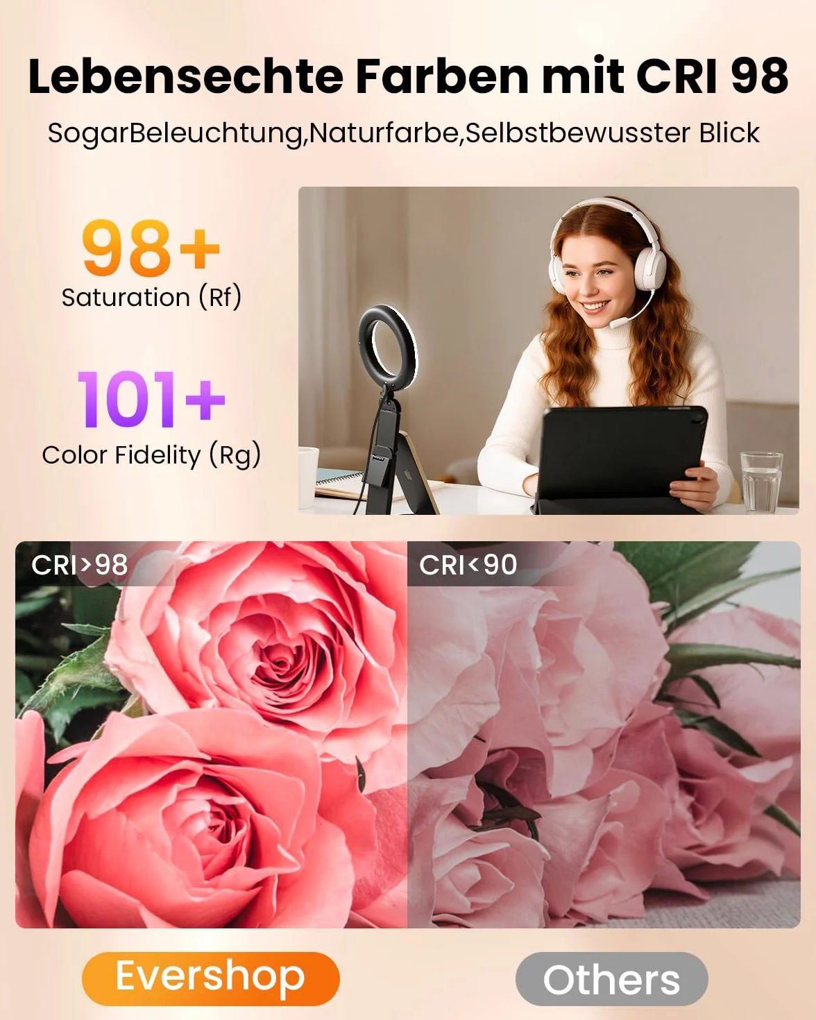 Evershop lampa pierścieniowa do laptopa, telefonu komórkowego, 5", lampa pierścieniowa ze statywem i uchwytem na telefon komórkowy, 3 kolory światła + 10 poziomów jasności, obracane o 360°