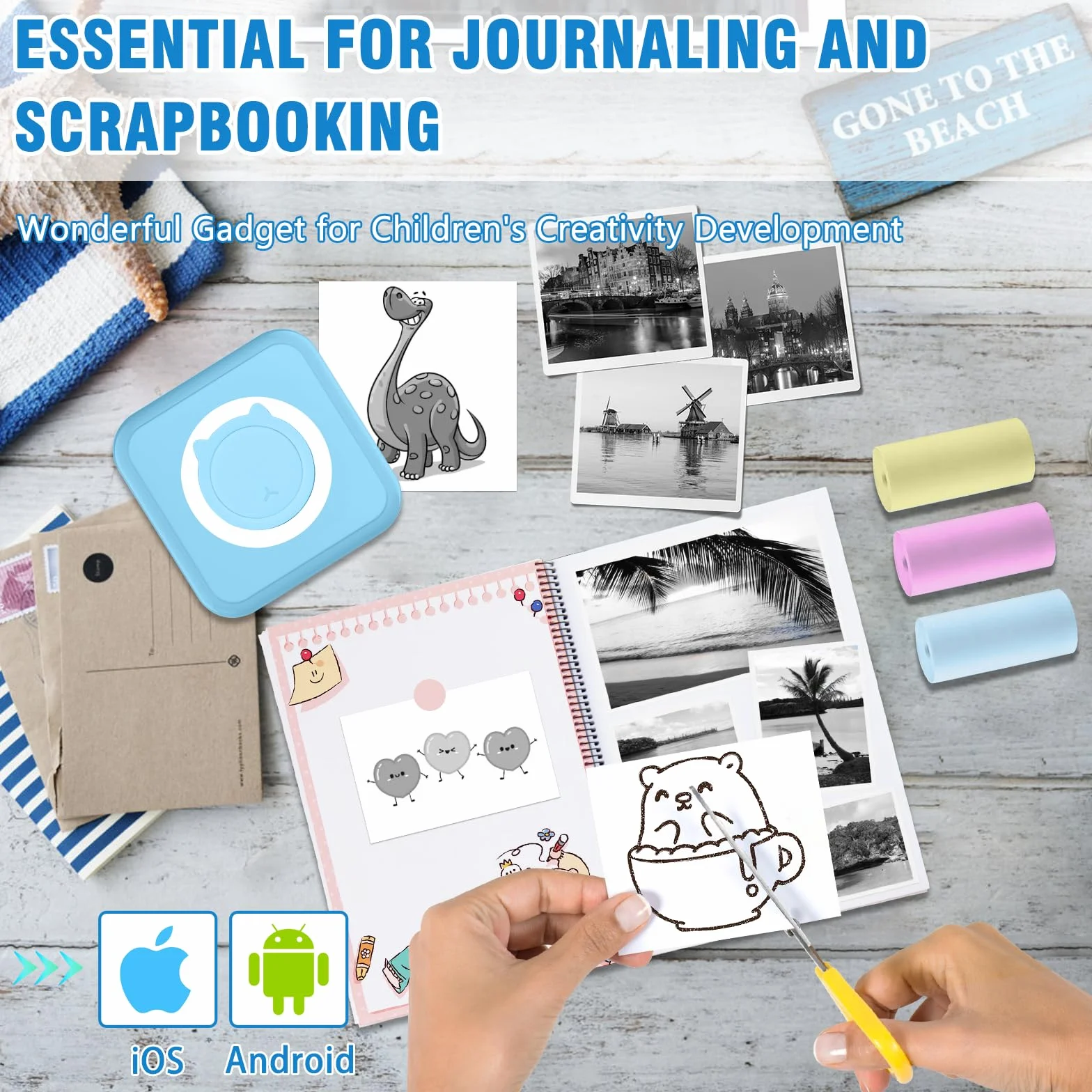 Mini drukarka fotograficzna, bezprzewodowa, termiczna drukarka kieszonkowa do szkoły, domu, list, DIY Doodle Dash, drukowanie zdjęć, niebieska