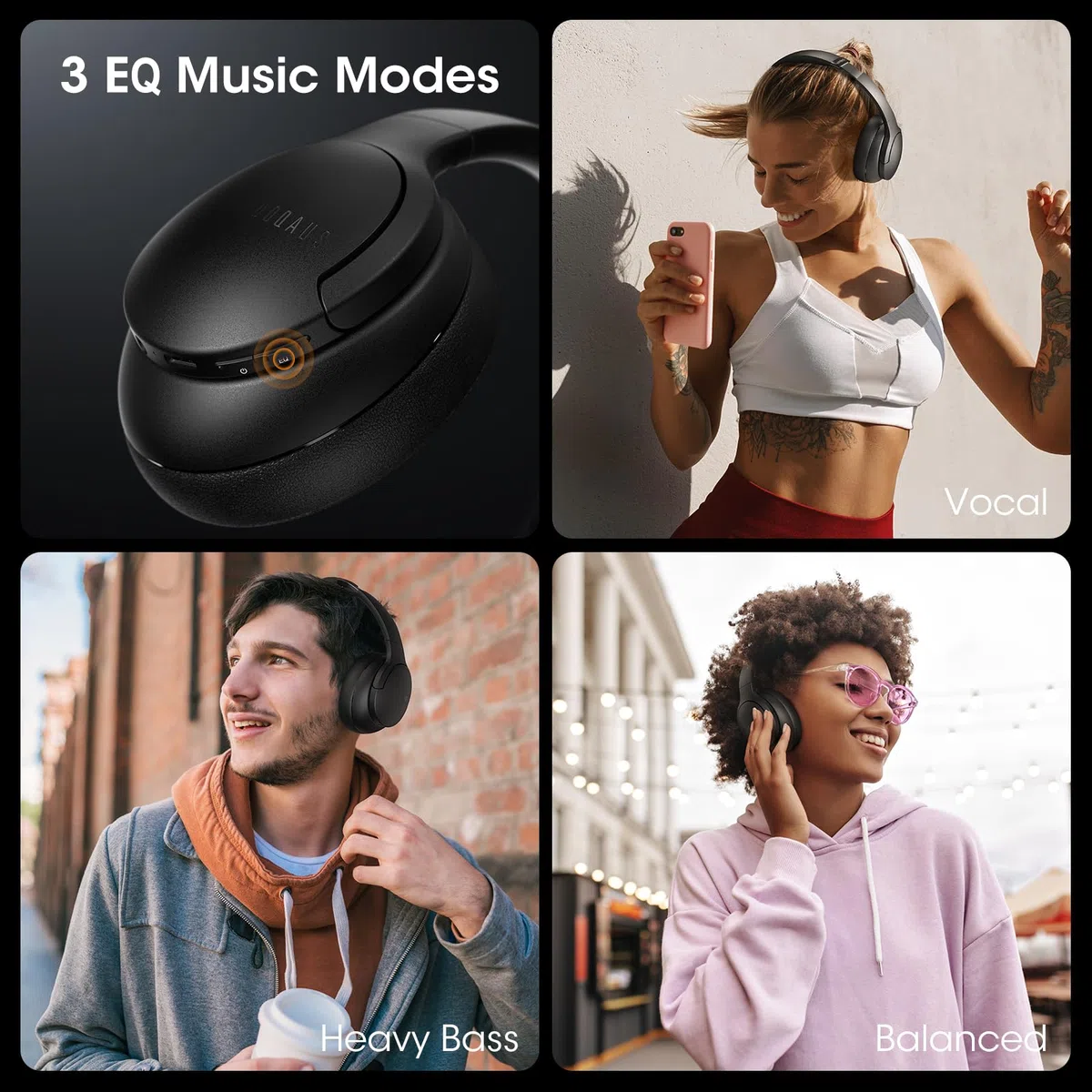 DOQAUS [Ulepszony] Słuchawki Bezprzewodowe Bluetooth V5.3, czas Odtwarzania 90 Godziny Słuchawki Wokółuszne z pałąkiem na głowę z trybami 3 EQ,Słuchawki z Mikrofonem do Komórkowych/Xiaomi/TV/PC-Czarny | Bluetooth 5.4, 9 tryb EQ, wbudowany mikrofon, dźwięk