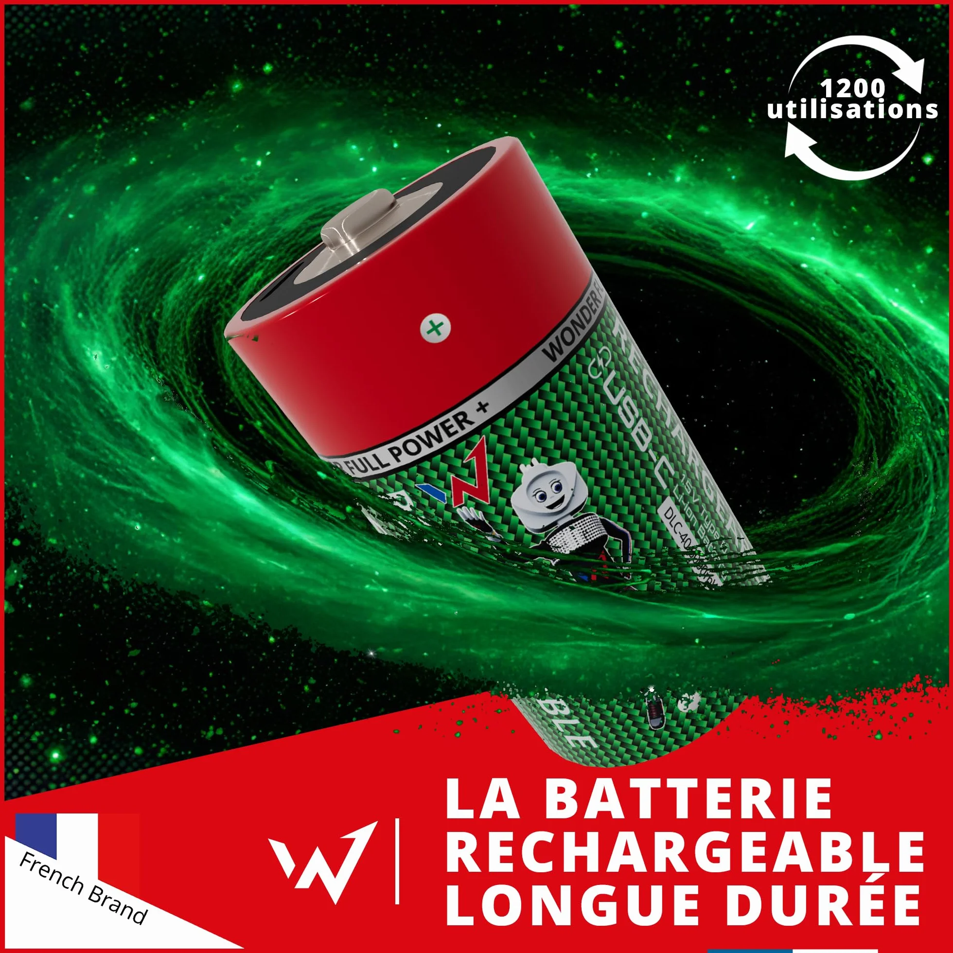 Wonder Full Energy - Baterie D / LR20 - Do ładowania przez USB-C - Kabel USB-C w zestawie - Długotrwały - 1,5V, 6000mWh, 3600mAh - 2 baterie