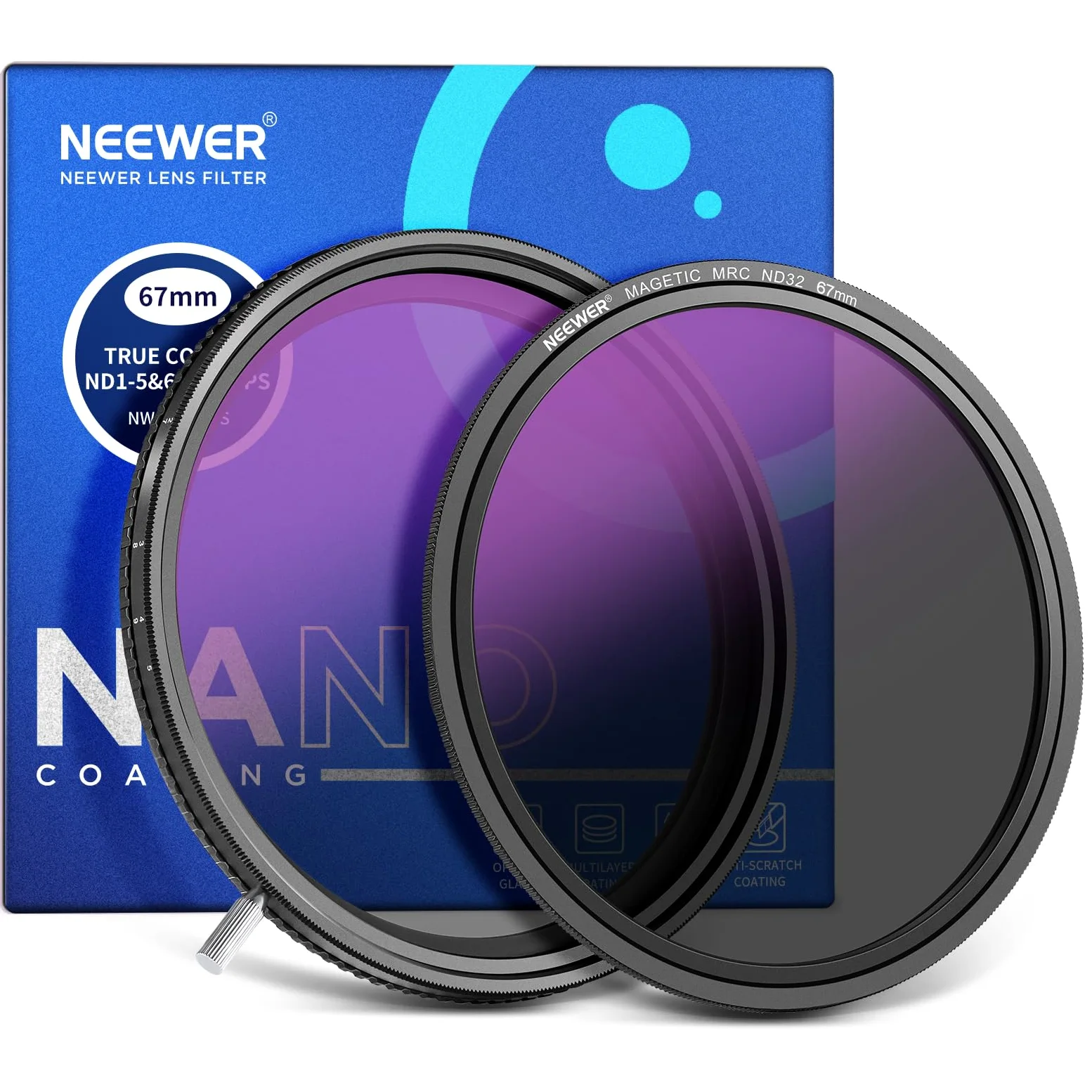 NEEWER HD True Colors 67 mm zmienny filtr ND ND2-512 (1-9 stop), filtr VND i magnetyczny filtr ND32 szary, wielokrotnie powlekany, bez przesunięcia koloru/bez krzyża/bez winietowania