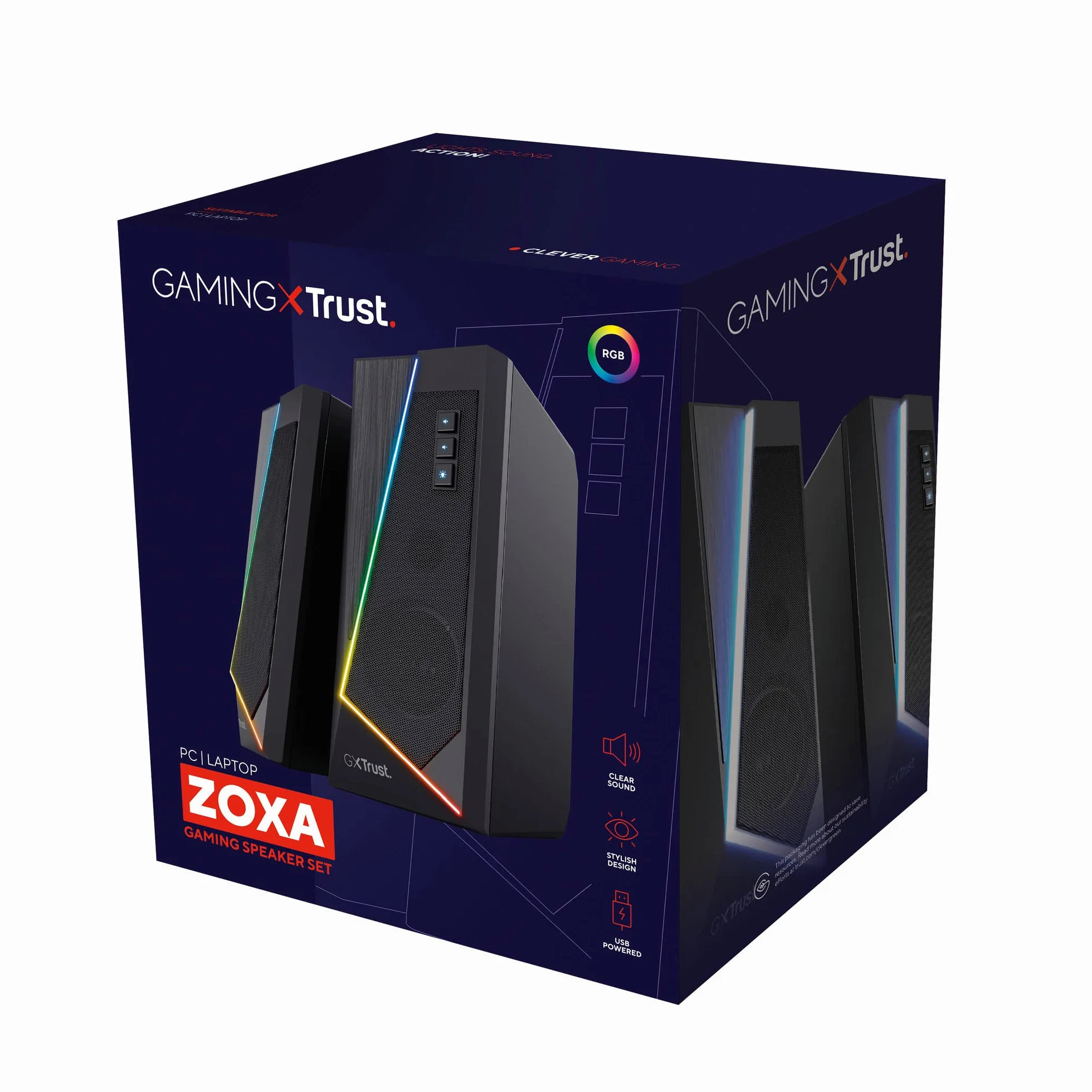 Trust Gaming GXT 609 Zoxa 2.0 głośniki PC stereo, moc szczytowa 12 W, zestaw podświetlanych głośników RGB, system dźwiękowy zasilany przez USB, 3,5 mm Aux, regulacja głośności, do PC i laptopa, czarny