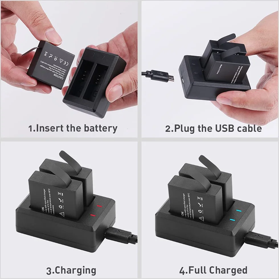 Akumulator 1350mAh (3-pak) z ładowarką do AKASO Brave 7LE, WOLFANG GA400/GA420/GA460, Rollei 6s Plus/8s Plus/9s Plus/10s Plus/11s Plus, XTU S3/S6, Surfola SF630
