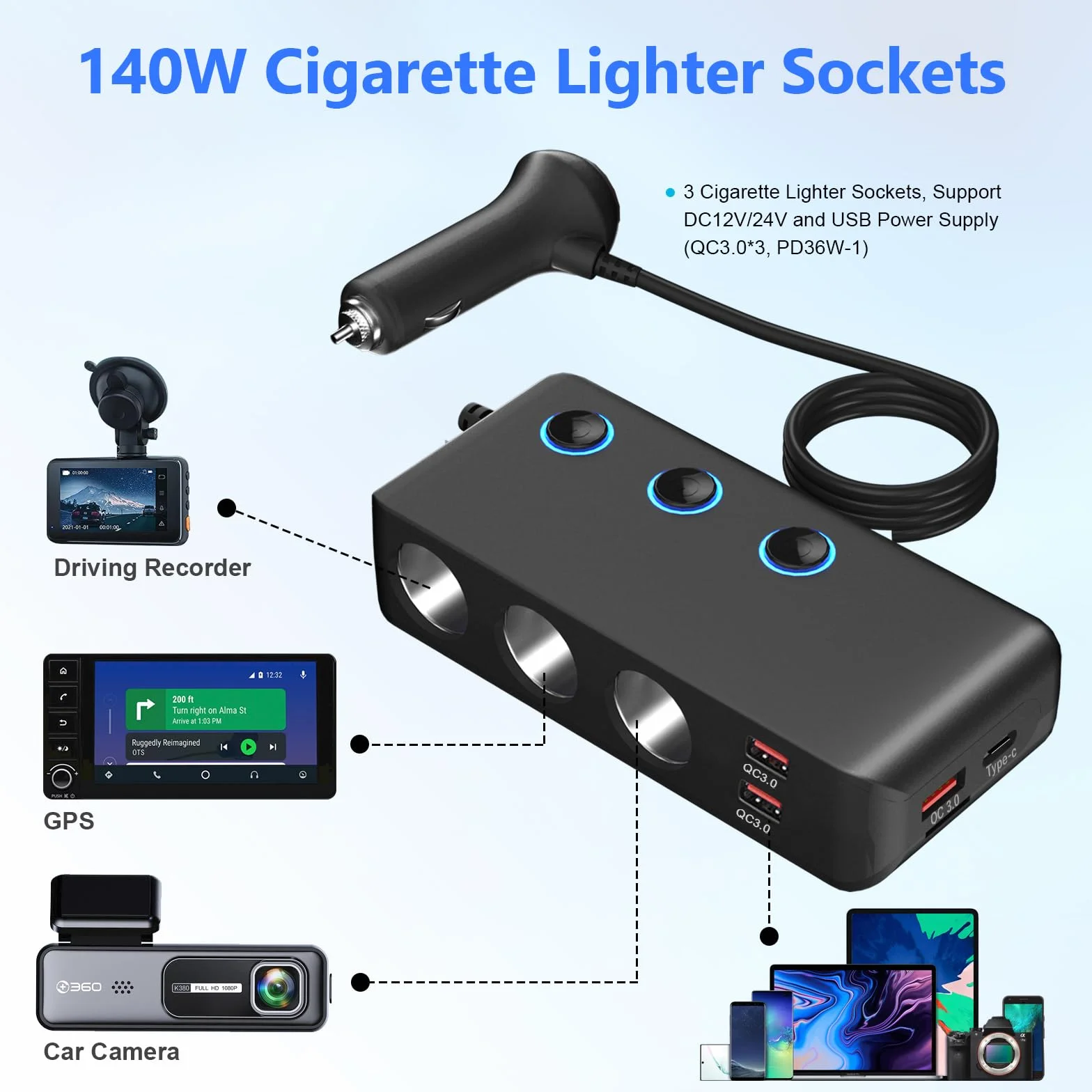 OOWOLF Rozdzielacz zapalniczki samochodowej adapter ładowarki – QC 3.0 Auto potrójny 180 W 12 V/24 V rozdzielacz samochodowy gniazdo z woltomierzem (Czarny - z przełącznikiem zasilania)