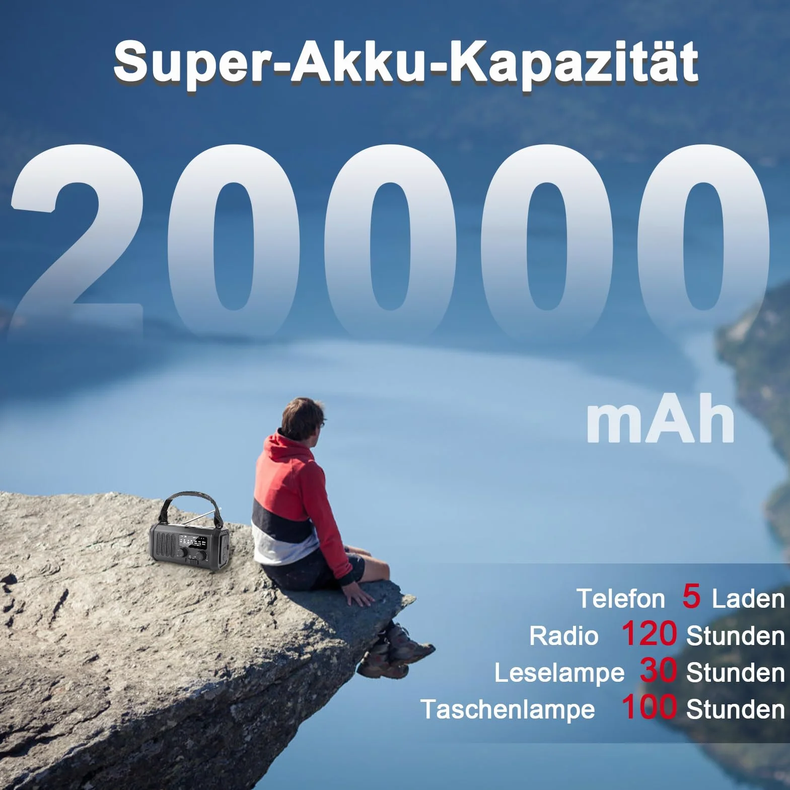 Radio Korbowe 20000mAh Akumulator Ładowalne AM/FM Przenośne Solarne Dynamo Latarka LED Alarm SOS Kompas Czarny