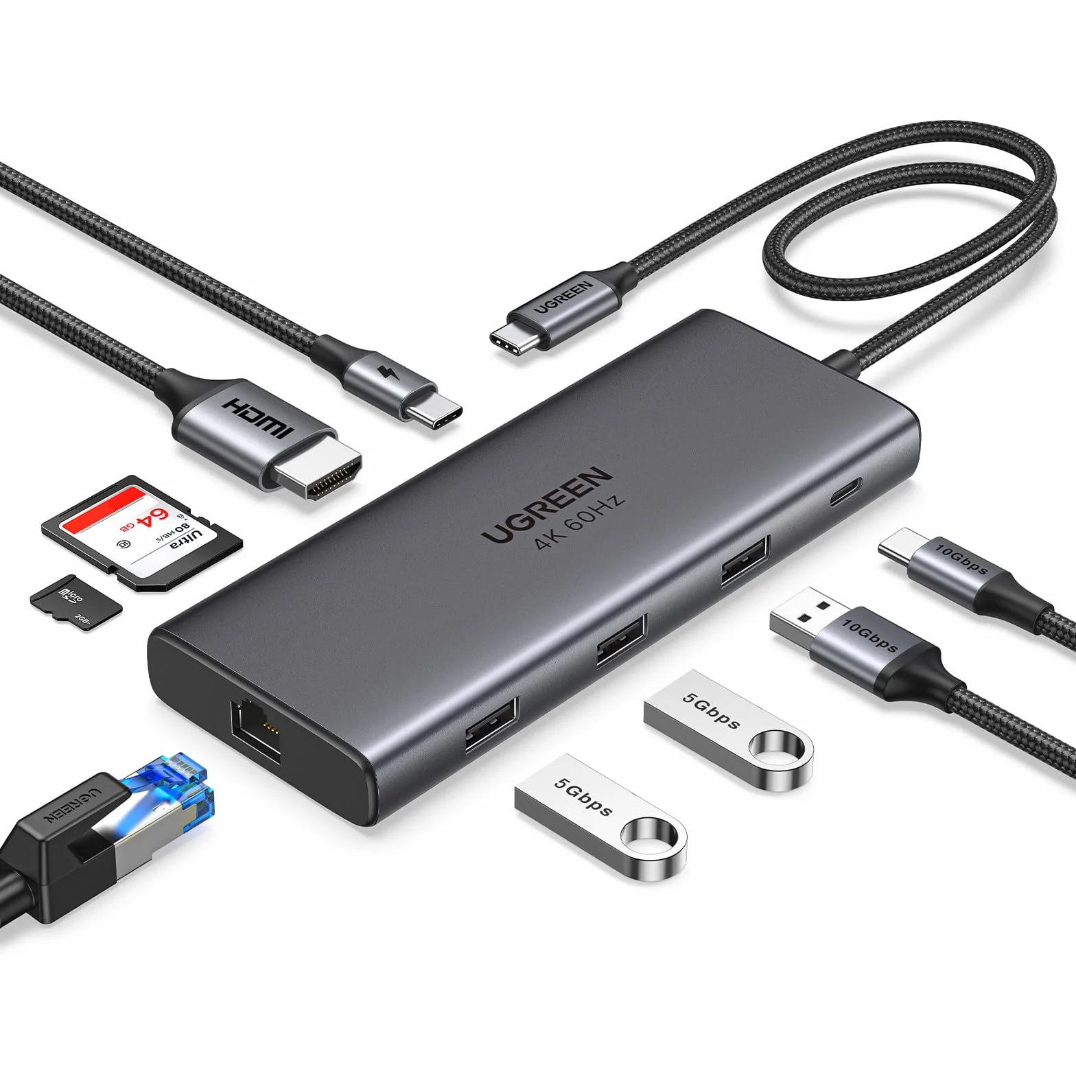 UGREEN Revodok Stacja Dokująca USB C z Połączeniem Danych 10 Gb/s 3.2, 4K 60 Hz HDMI, PD100W, Ethernet, Czytnik Kart SD/TF, Koncentrator USB A 3.0 Kompatybilna z MacBook, iPad, Surface