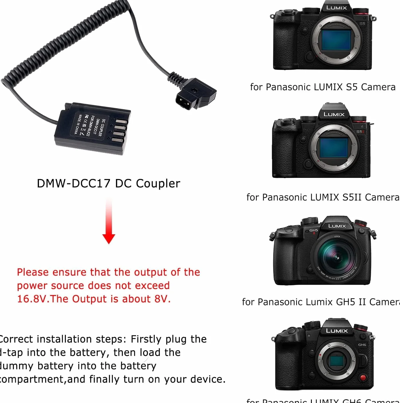 FOTGA Wtyczka D-TAP do DMW-BLK22/DCC17 dekodowana bateria Dummy DC łącznik adapter kabel zasilający kabel zasilający kabel zasilający do aparatu Panasonic Lumix DC-S5/S5II/S5K/GH5II/GH5M2/GH5S/GH6/G9