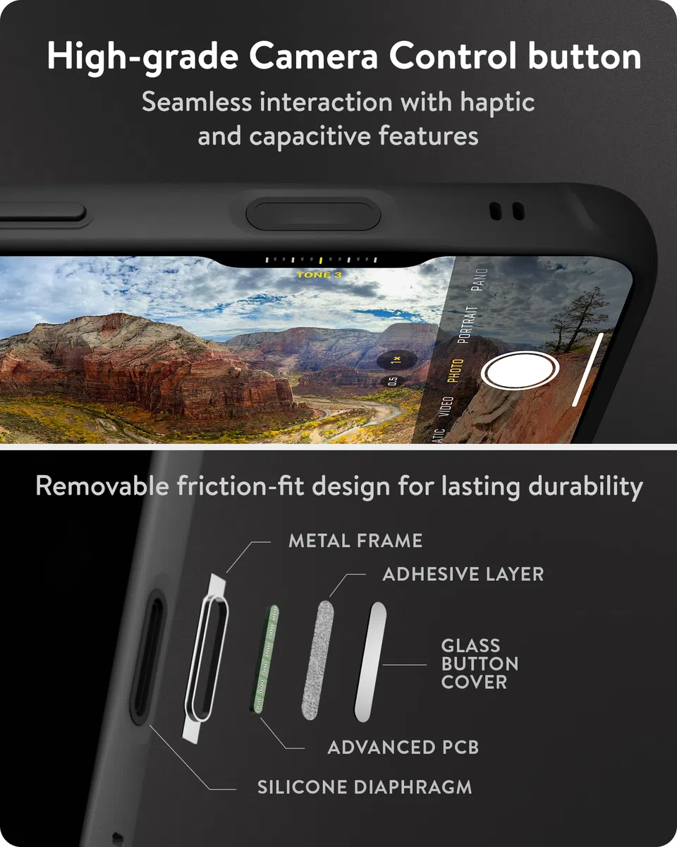 Mous Etui do iPhone'a 16 Pro MagSafe kompatybilne z przyciskiem sterowania kamerą - Limitless 6.0 - nakrapiana czarna tkanina - ochronne, odporne na wstrząsy etui na telefon