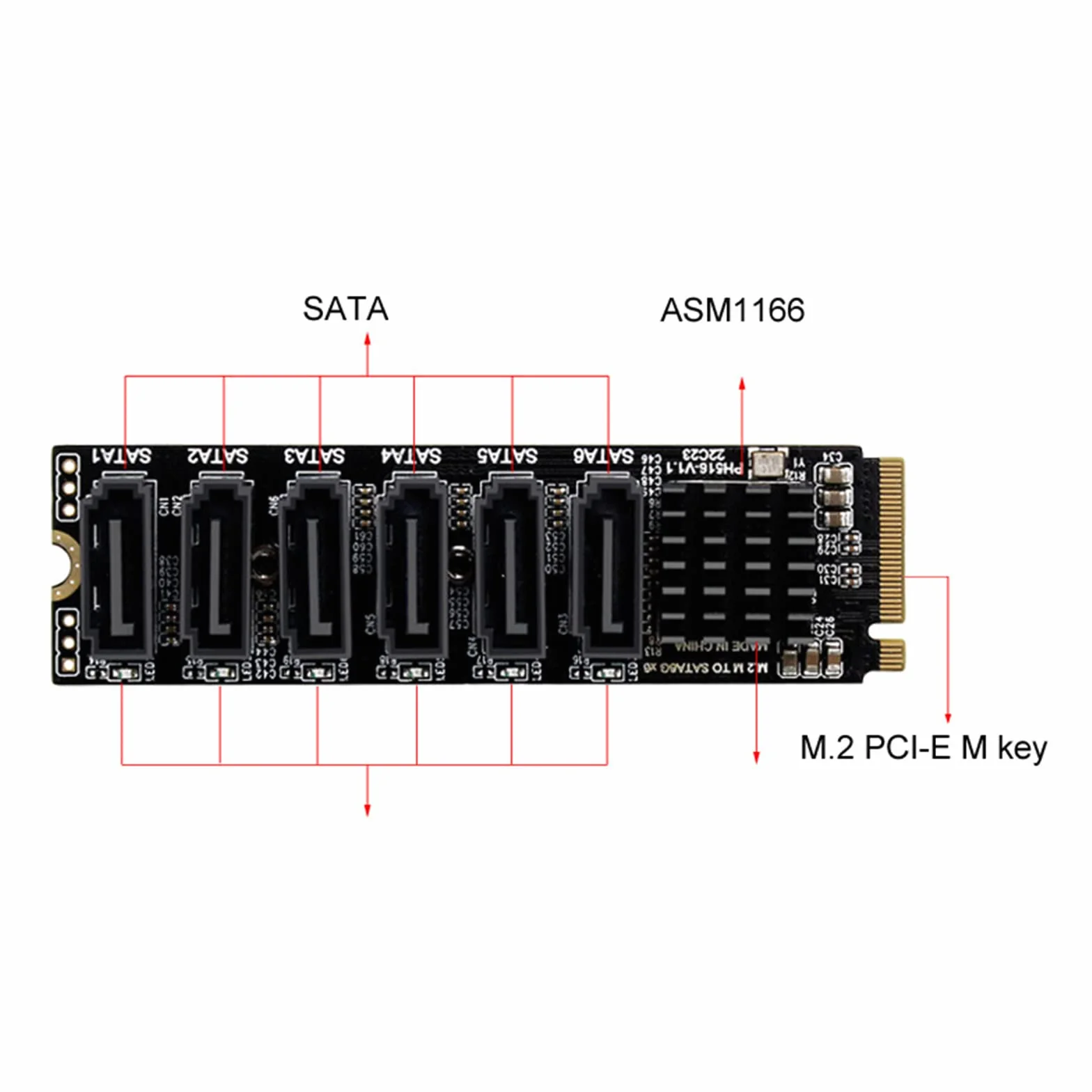WANGCL Adapter NVMe do SATA M.2 6Port z aluminiowym radiatorem obsługujący PM