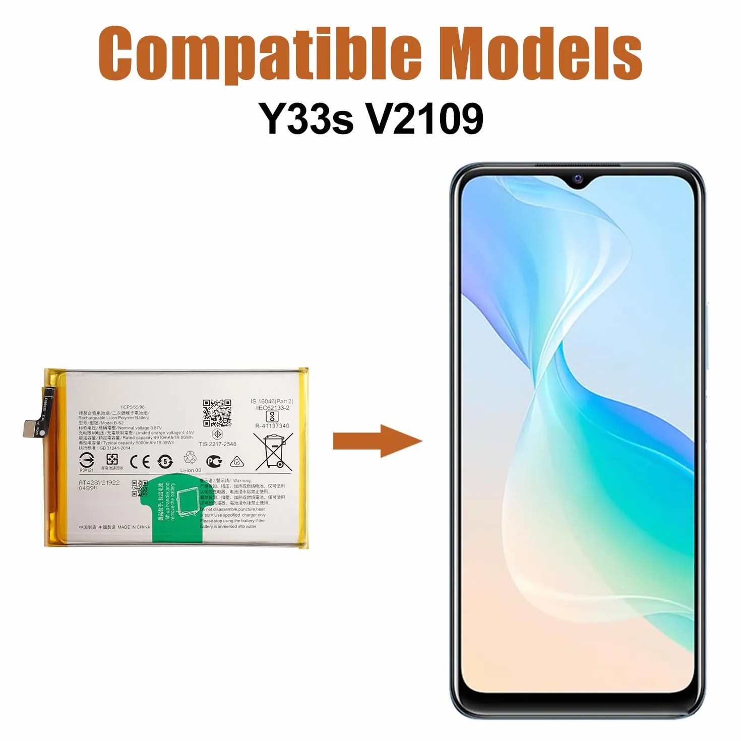 Duotipa 4910 mAh nowy akumulator zastępczy B-S2 kompatybilny z Vivo Y33S V2109 z zestawem narzędzi naprawczych