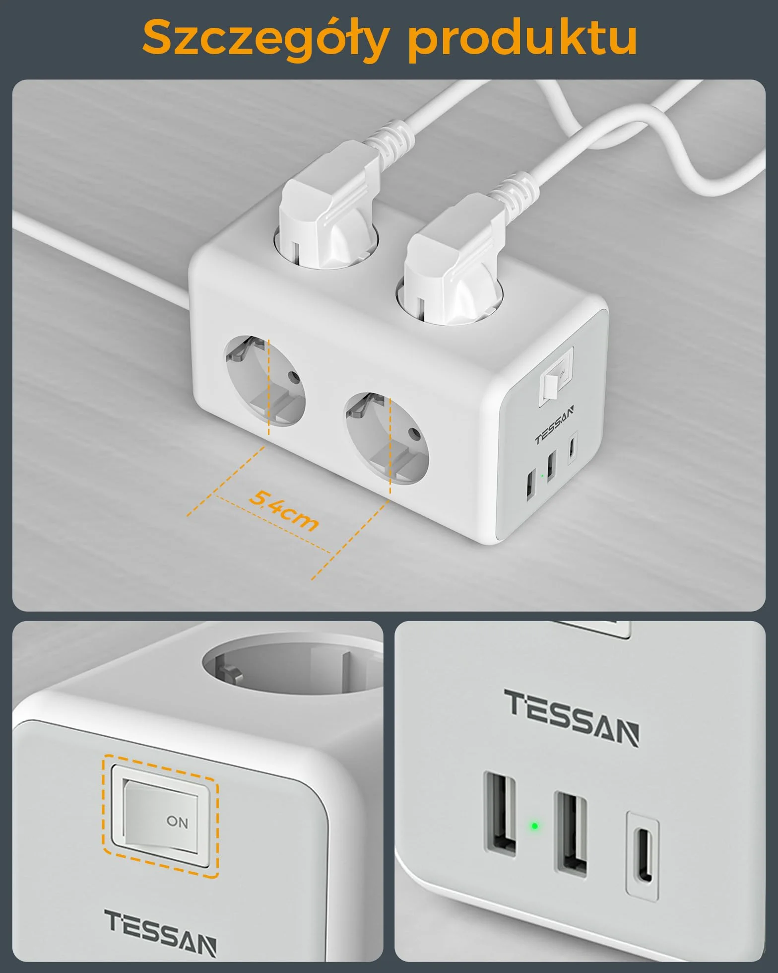 TESSAN Listwa zasilająca USB C, 9 w 1 przedluzacz elektryczny z 3 USB porty, listwy zasilające z wyłącznikami, przedłużacz elektryczny 2M, listwa USB do domu, biura, 3600W, szaro biały