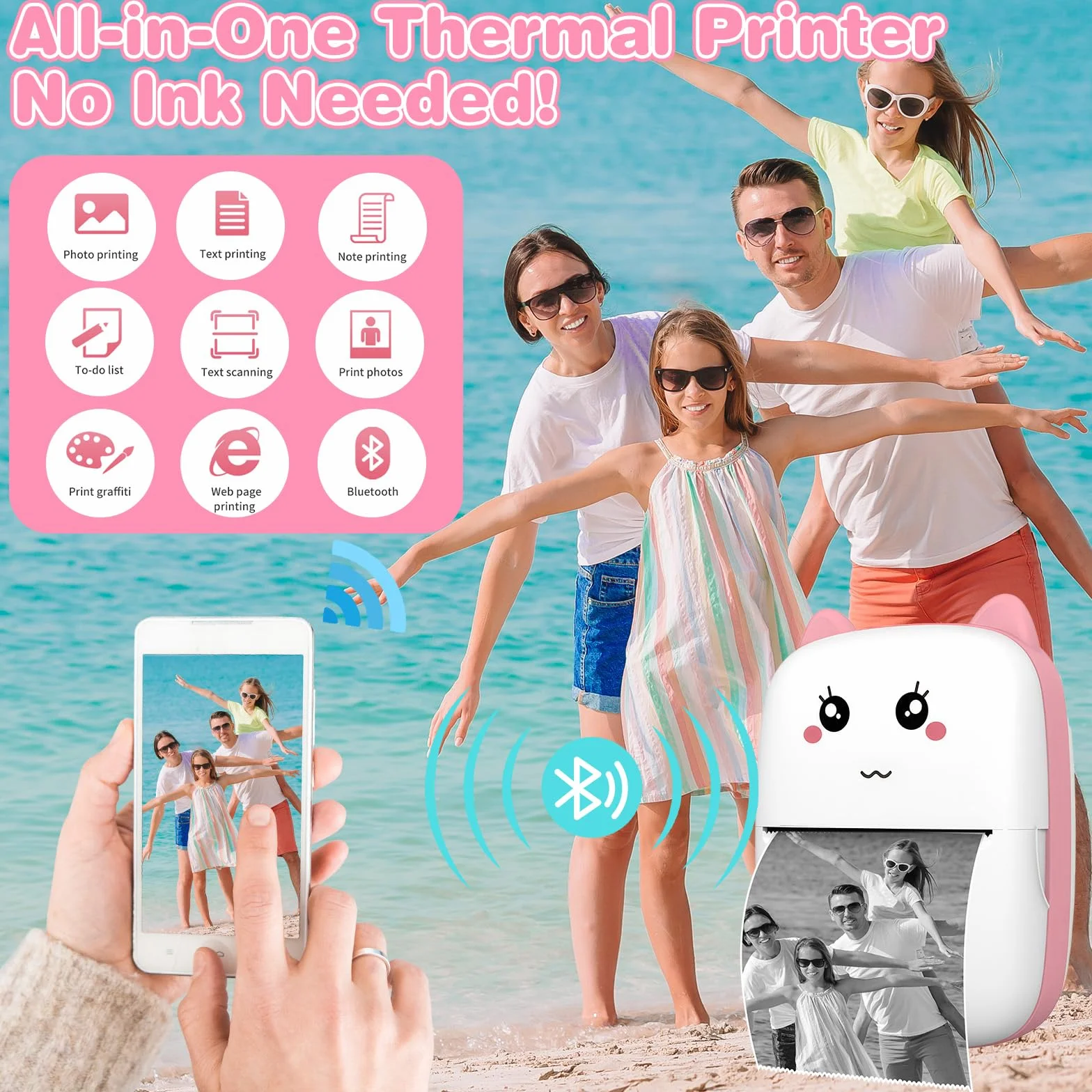 Mini Drukarka - Bluetooth Termiczna Drukarka do Smartfona, Zdjęć, Naklejek i Etykiet, Bez Tuszu, Szybki Druk Notatek, Stron Internetowych, Zdjęć i Stickerów （Różowy）