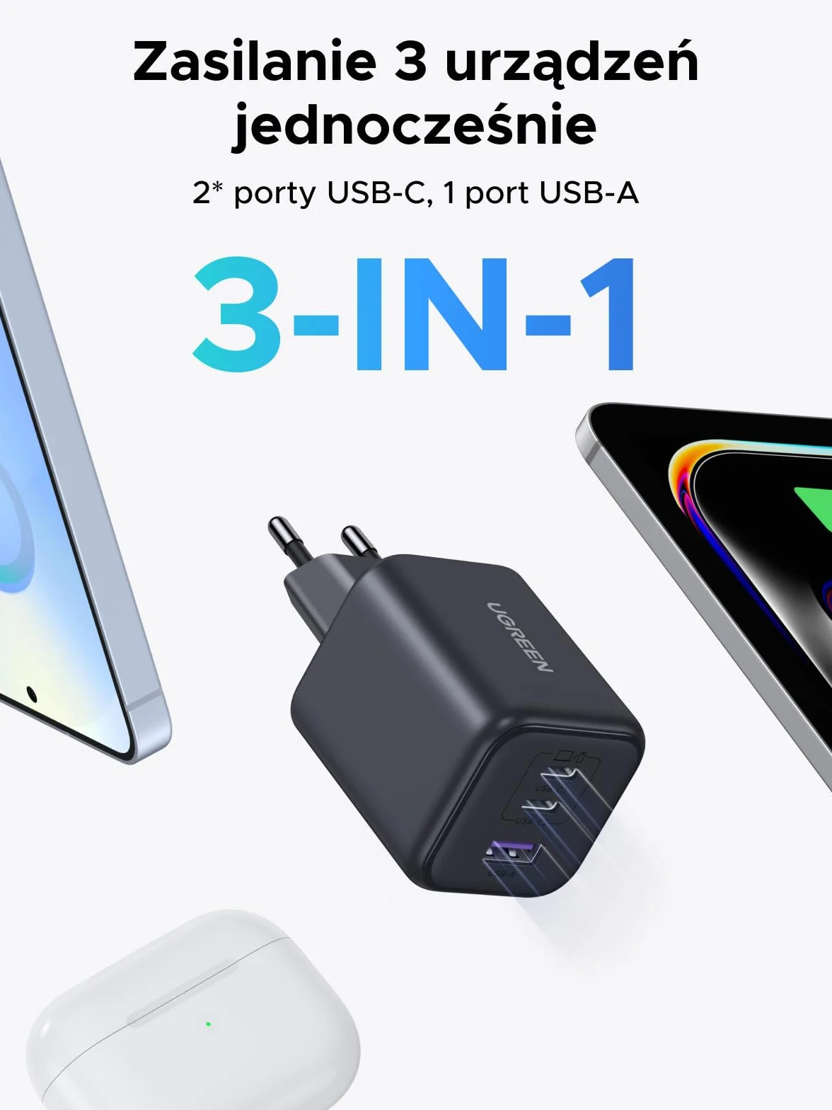 UGREEN 45W ładowarka USB C 3-portowa szybka ładowarka PPS 25W zasilacz PD ładowarka GaN adapter kompatybilny z Galaxy S25 Ultra, S24, iPhone 16 Pro Max, MacBook Air, iPad, Tab A8, Pixel 9, HomePod
