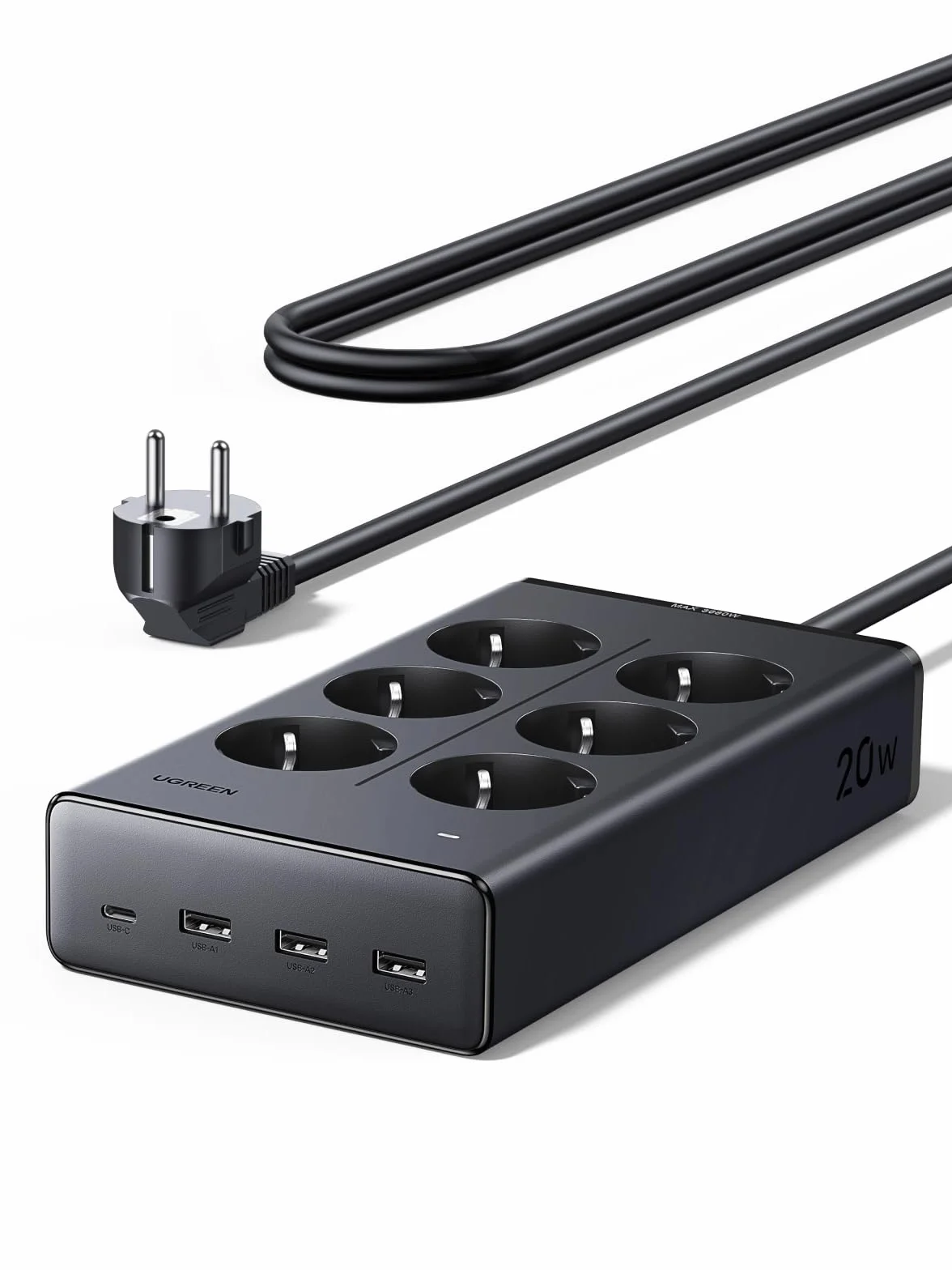 Listwa zasilająca UGREEN z gniazdem USB, gniazdko 10 w 1 z przełącznikiem, szybkie ładowanie 20 W, listwa zasilająca 3680 W z zabezpieczeniem przeciwprzepięciowym, 1,5 m, do biurek i biur