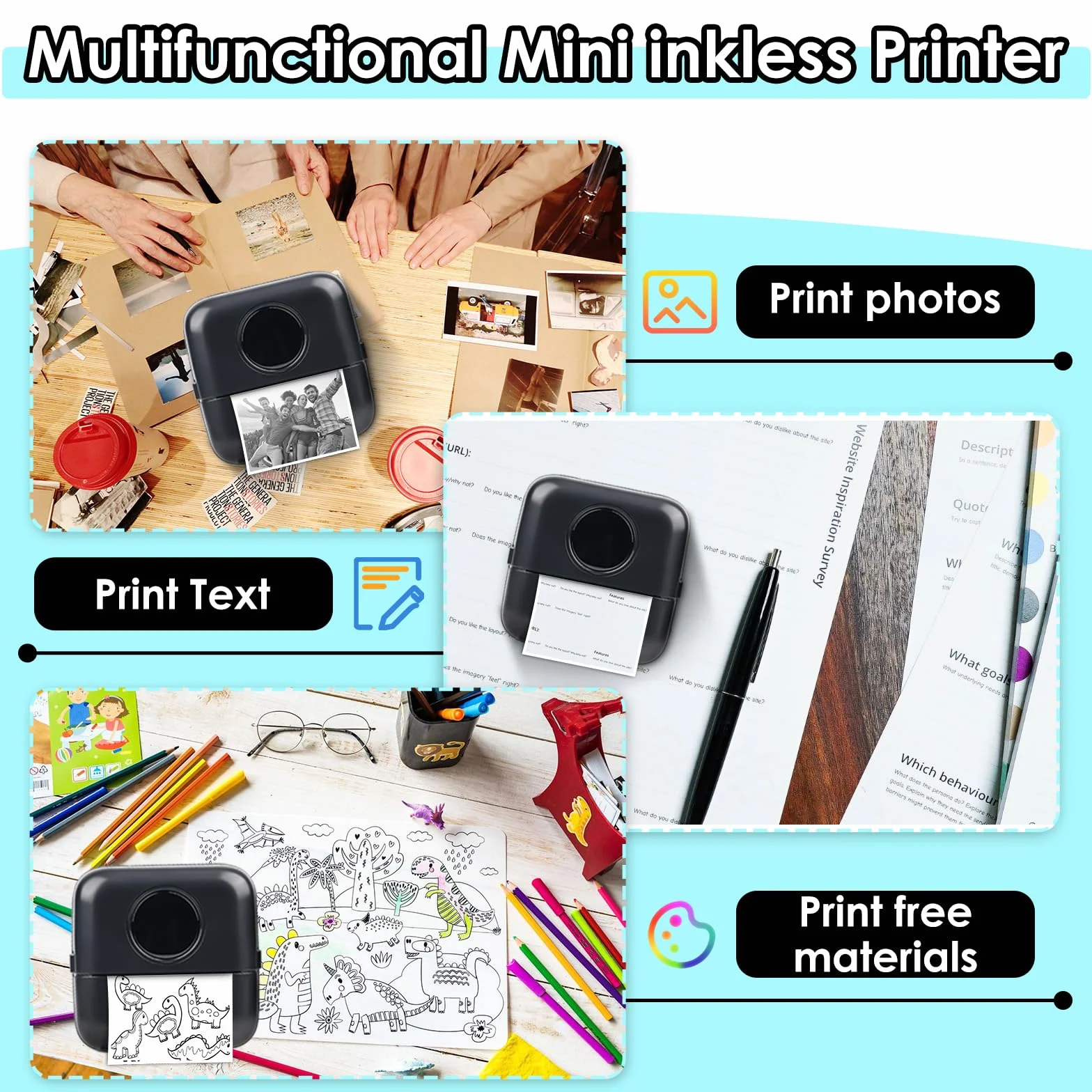 GuKKK Mini drukarka, mobilna drukarka fotograficzna, przenośna, bezprzewodowa drukarka termiczna, 13 rolek papieru do drukarki i 5 kredek, pomoc w nauce, notatek, notatek, listy