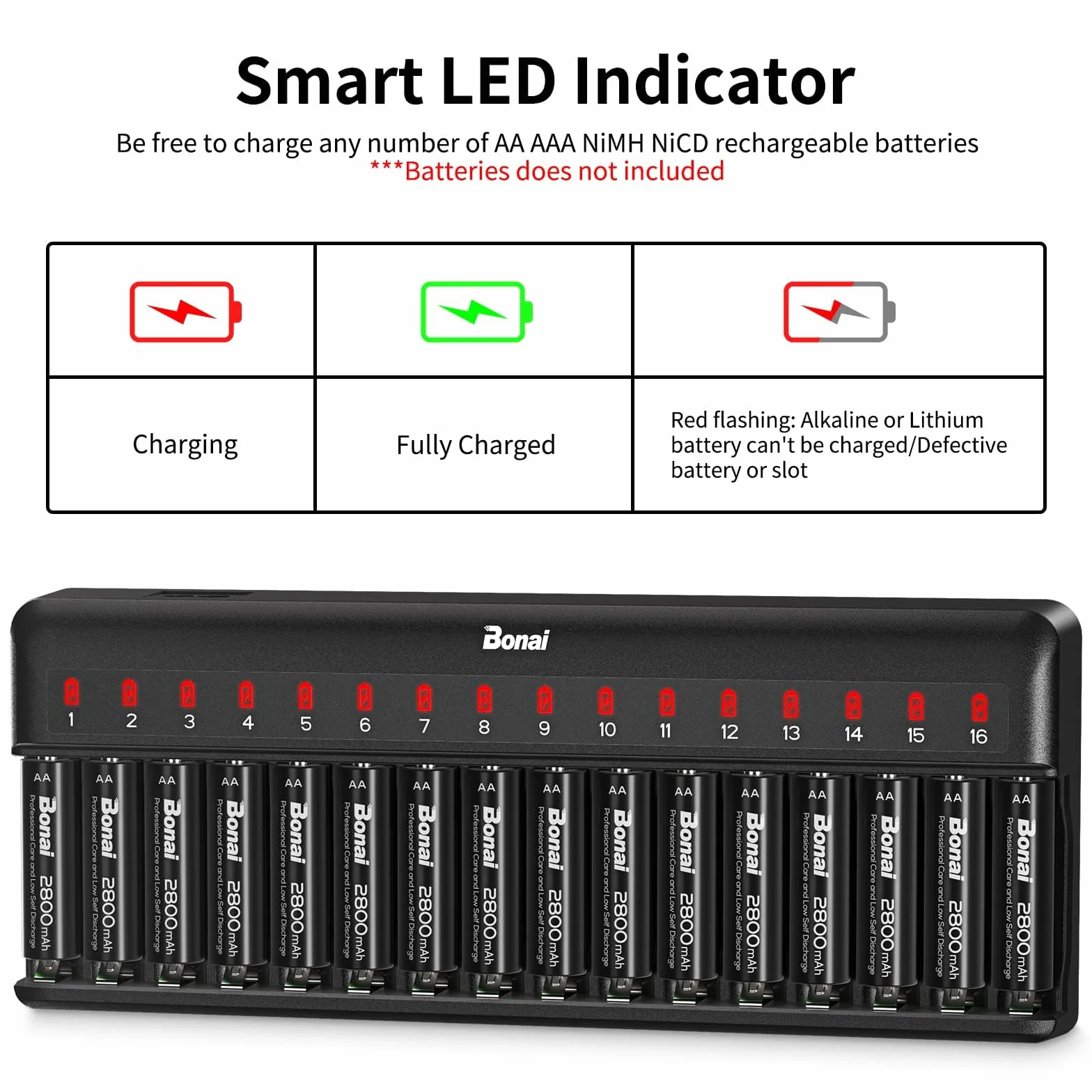 Ładowarka BONAI AA AAA 16-gniazdowa uniwersalna inteligentna LED do akumulatorów NI-MH NI-CD