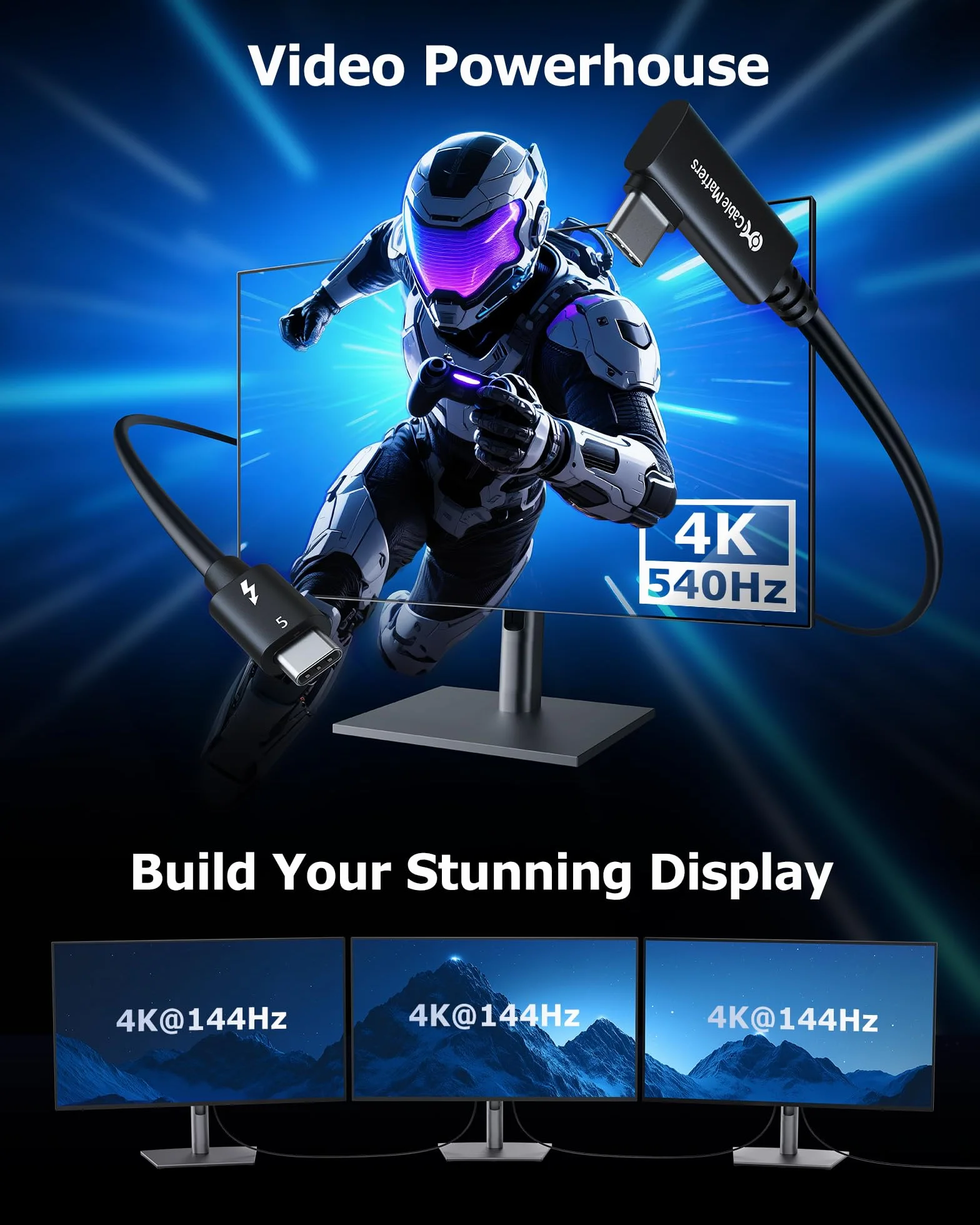 [Certyfikat Intel] Cable Matters kątowy kabel Thunderbolt 5 0,8 m – 80Gbps, Bandwidth Boost do 120Gbps, ładowanie 240W PD 3.1, zgodny z Thunderbolt 4/USB4/USB-C, czarny