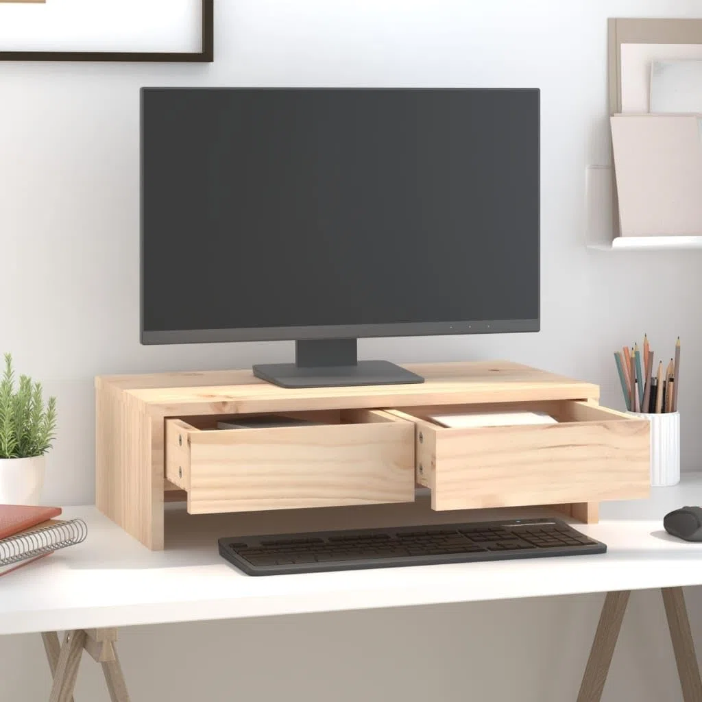 Hothingwell Stojak na monitor 50x27x15 cm z litego drewna sosnowego, tablet ekranowy z dwiema szufladami do przechowywania, minimalistyczny design stojak komputerowy do biura
