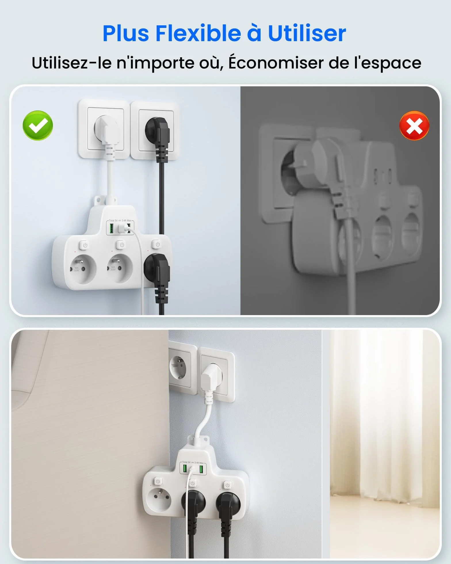 Listwa Zasilająca z Przełącznikiem 3 Gniazda 3 USB USB C Kabel 0,1 m Biały