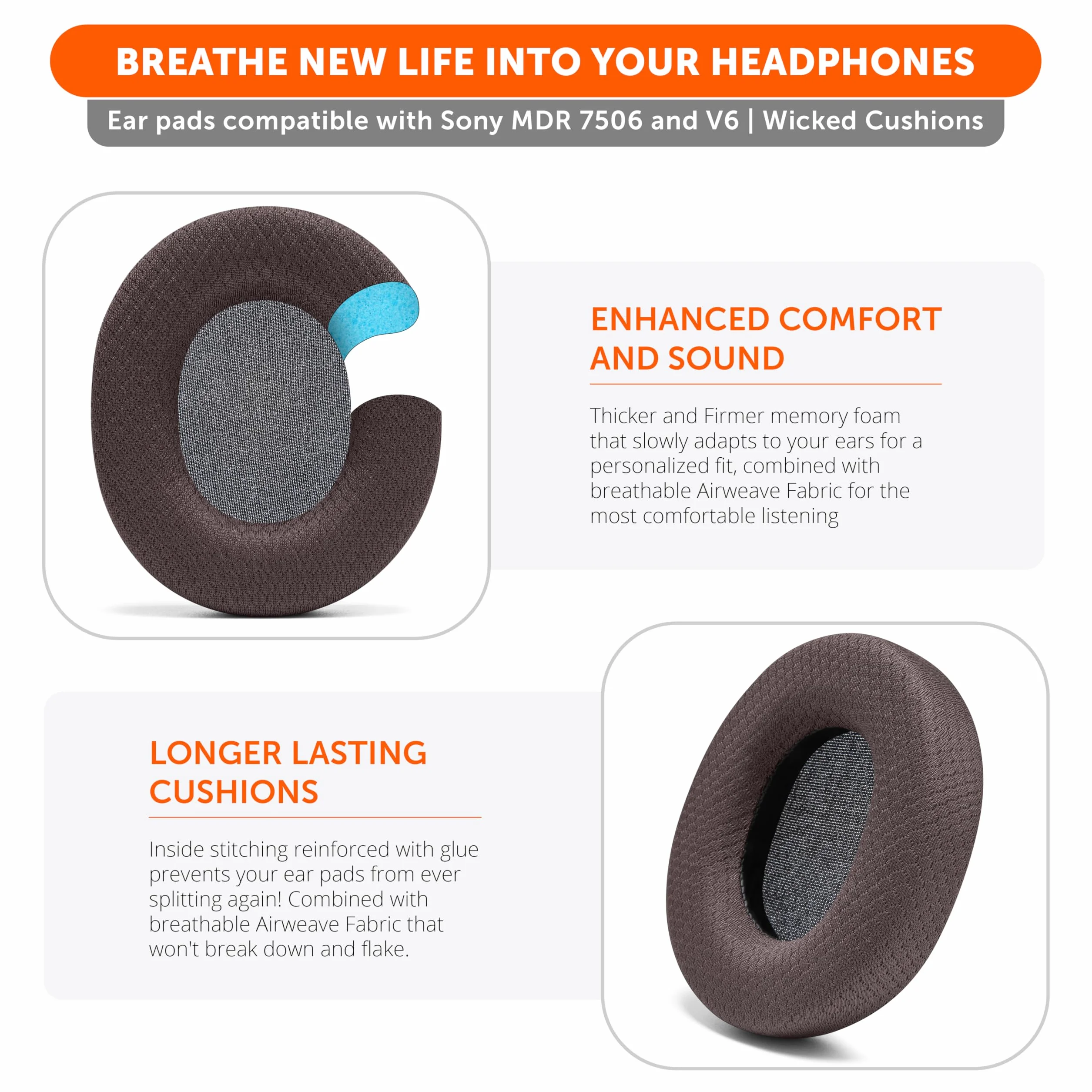 WC Wicked Cushions Replacement Ear Pads For Sony MDR 7506, Miękka skóra, Pianka pamięciowa, Kompatybilne z MDR V6 MDR CD900ST, Airweave Brown