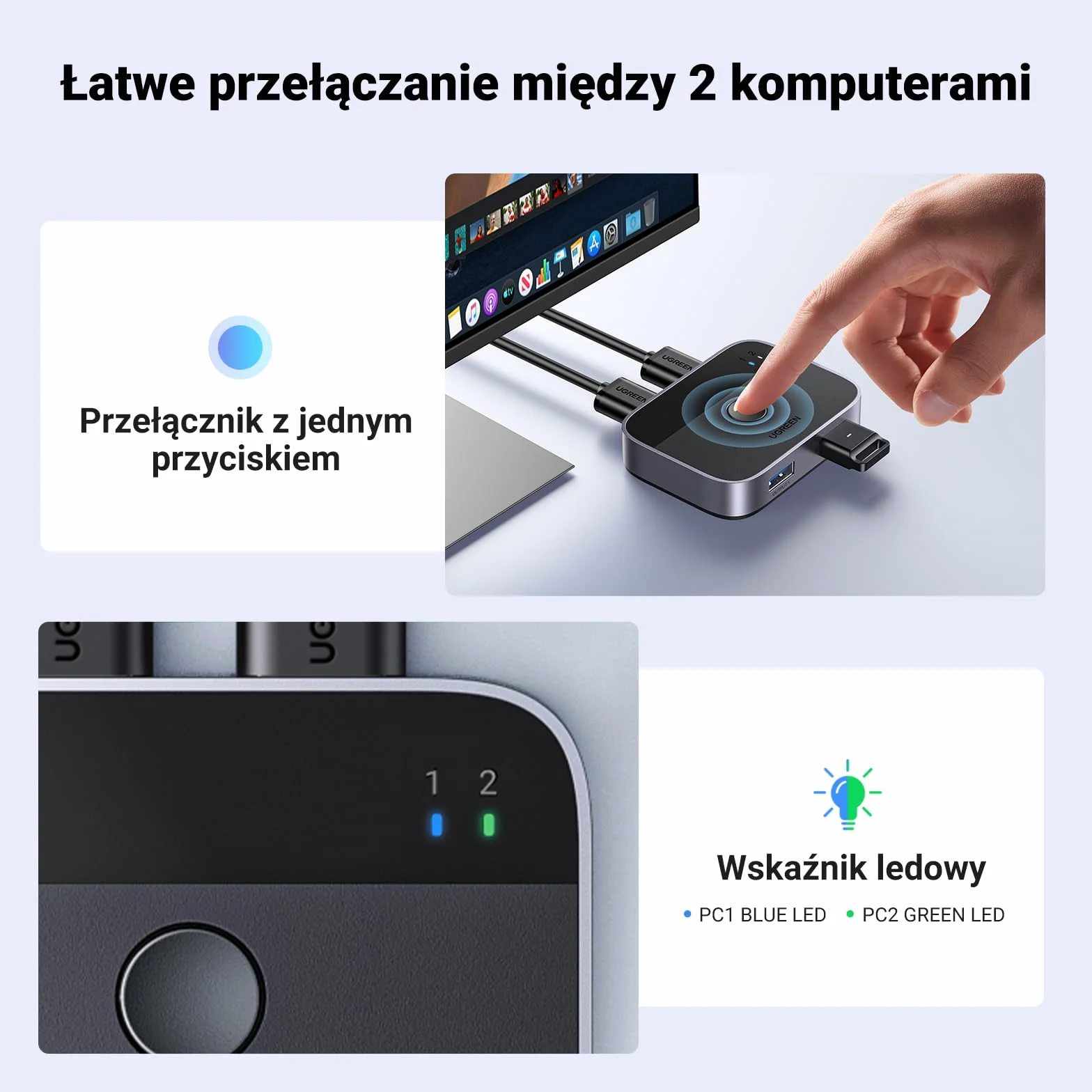UGREEN Przełącznik USB, przełącznik USB 3.0, 2 w 2 wyjścia, 2 komputery współdzielą 2 USB do klawiatury, myszy, drukarki, dysków twardych z 2 kablami USB 3.0 A do A, kompatybilny z Windows, Mac, Linux
