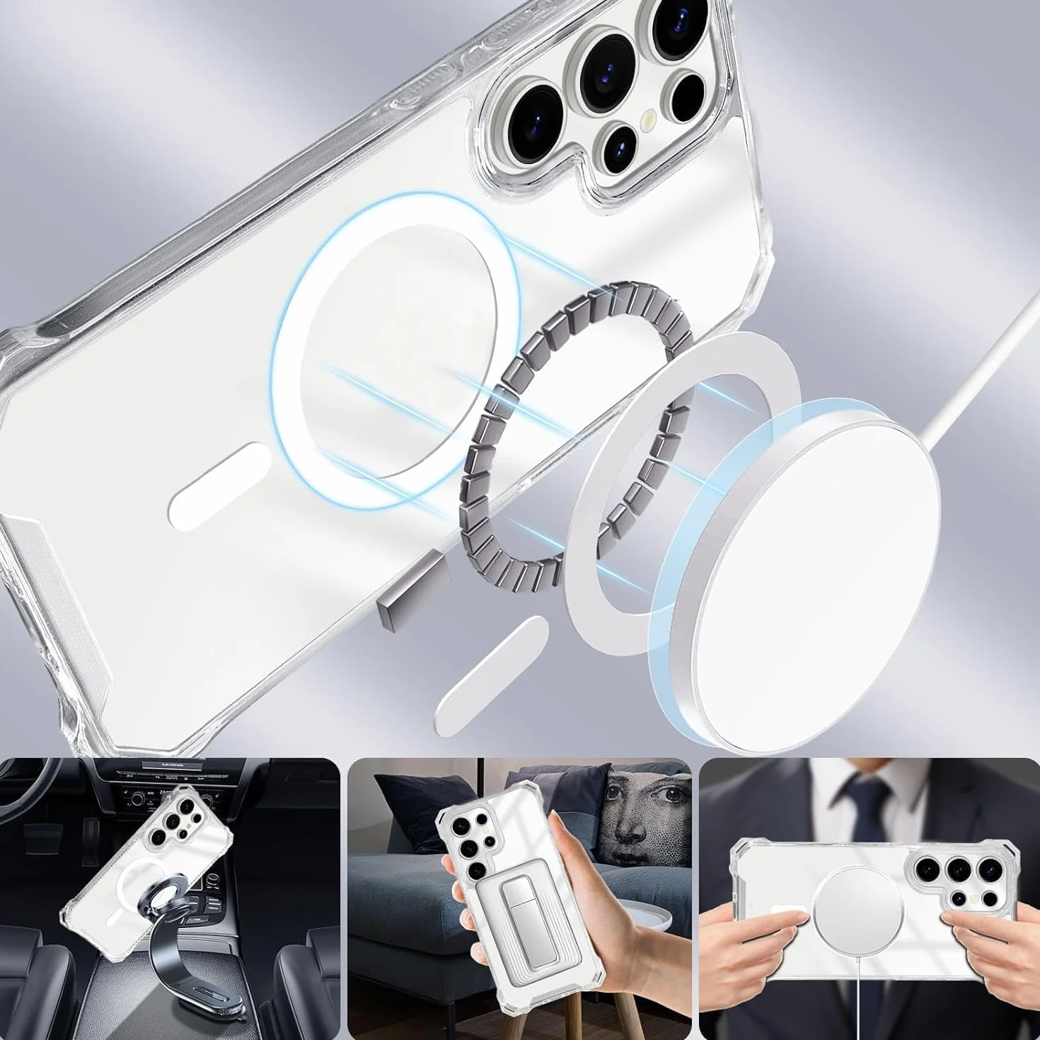 Pasek na telefon Samsung Galaxy S26 Ultra, przezroczyste etui z regulowanym łańcuszkiem, czarne