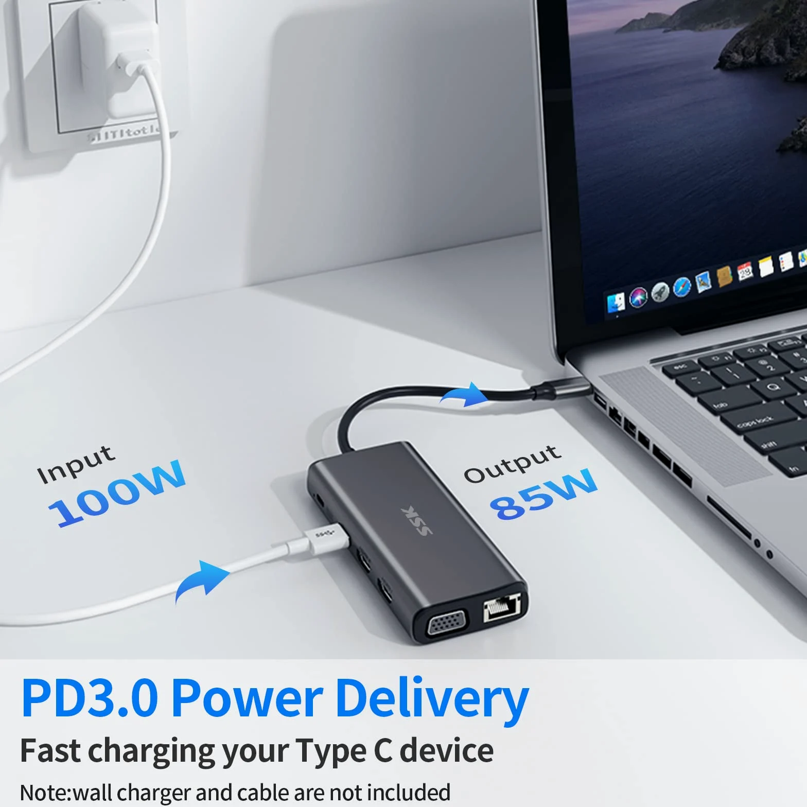 SSK Stacja dokująca do laptopa USB C, podwójny monitor, 11 w 1 typ C, potrójny wyświetlacz, wieloportowy adapter z podwójnym HDMI, VGA, PD3.0, Ethernet, SD/TF, 3 porty USB, mikrofon/audio,