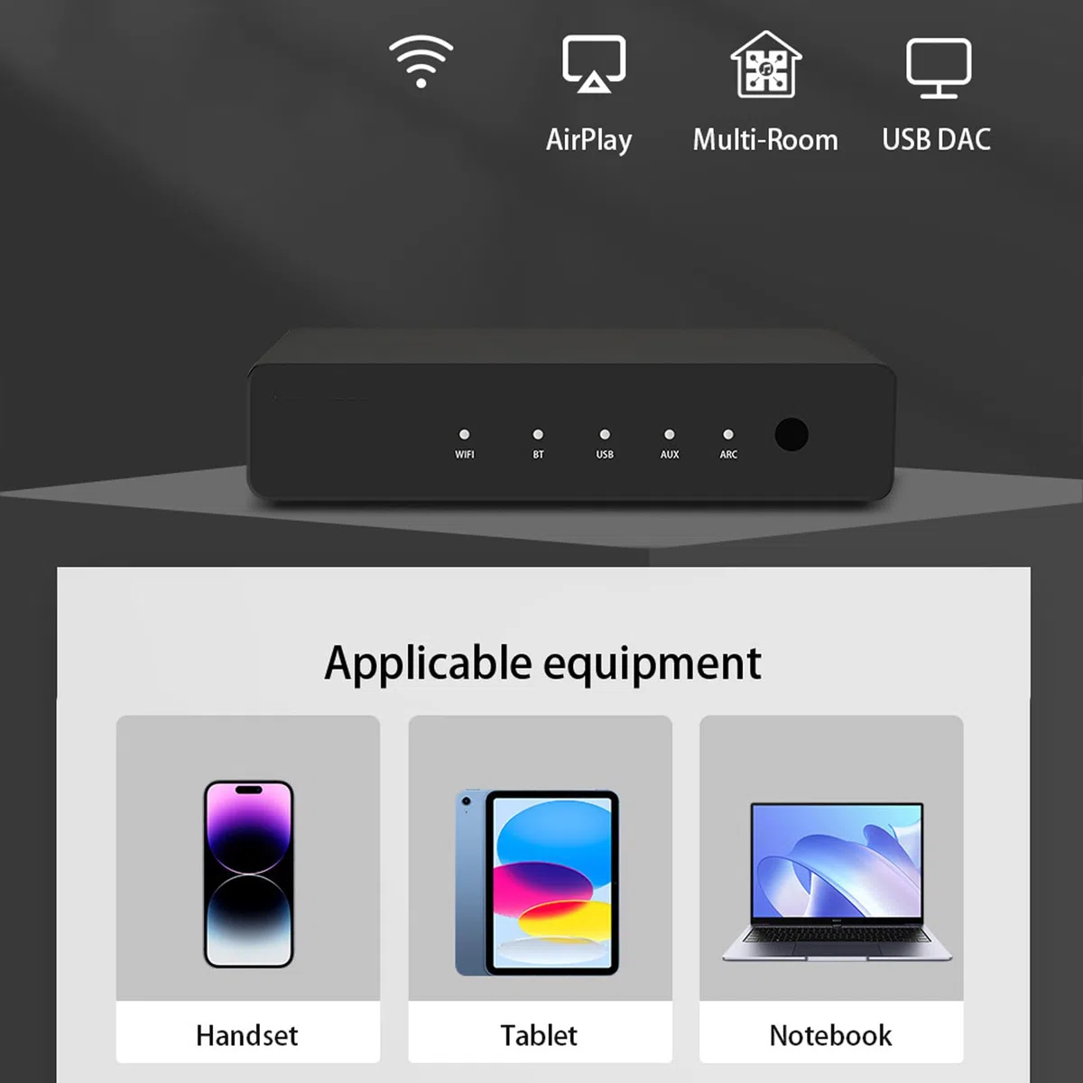 Multiroom Streamer muzyczny – strumieniowy odtwarzacz audio z wieloma opcjami przesyłania strumieniowego, kompatybilny z urządzeniami mobilnymi, kompaktowa konstrukcja do użytku kina domowego i studia
