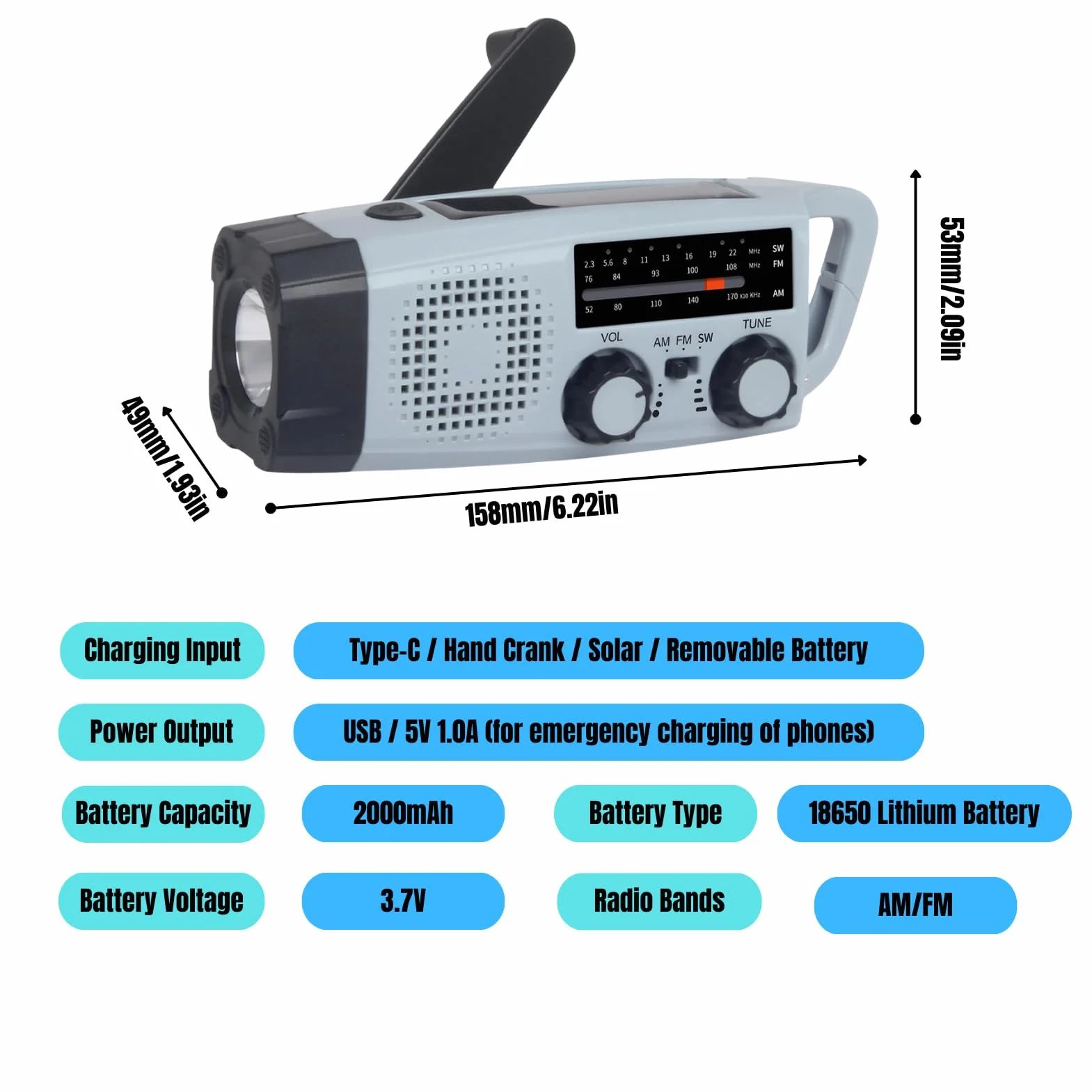 Awaryjne radio słoneczne z latarką LED, alarm SOS, AM/FM, ładowanie USB XLN-383WB