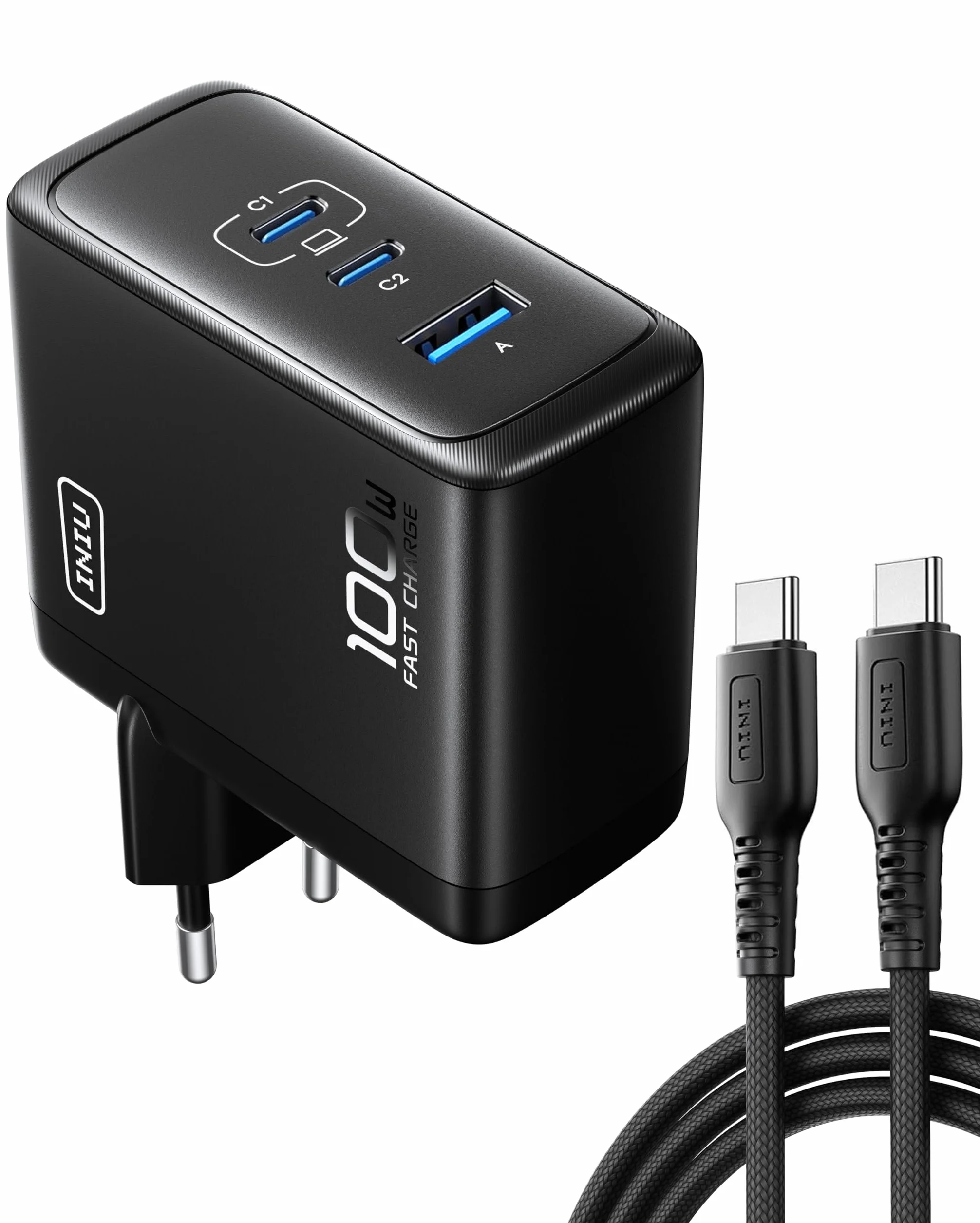 INIU Ładowarka USB C 100W, Kompaktowa 3-portowa 2 Typ C & USB A do Samsung Galaxy S25 S24 Ultra iPhone 17 16 15 Pro Max Xiaomi iPad MacBook