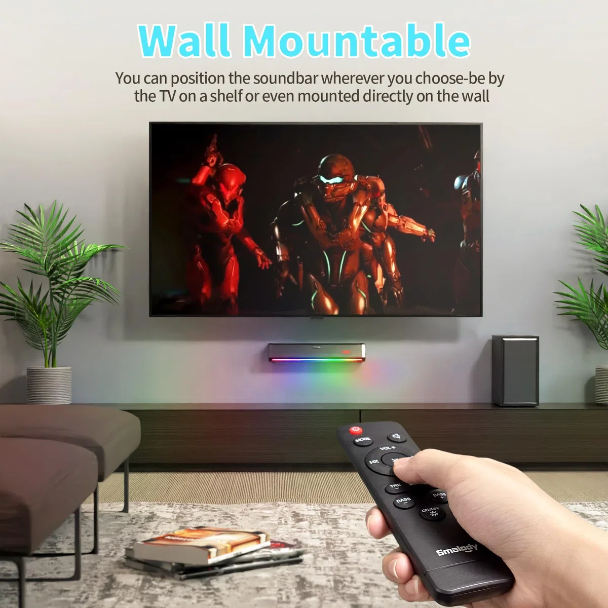 Smalody Głośniki telewizyjne, głośnik kina domowego bezprzewodowy dźwięk soundbar głośnik TV + subwoofer basowy, włączony przez Bluetooth/optyczne/AUX/wejścia koncentryczne/pilot zdalnego sterowania