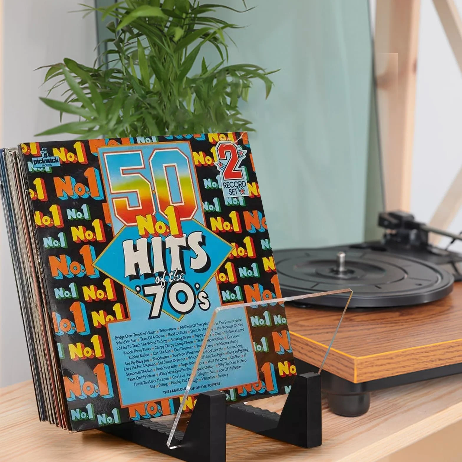 Winylowy organizer na płyty LP, płyta winylowa, stojak, przechowywanie do 50 albumów lub płyt CD, podstawa z litego drewna ze szkłem akrylowym, kolor czarny