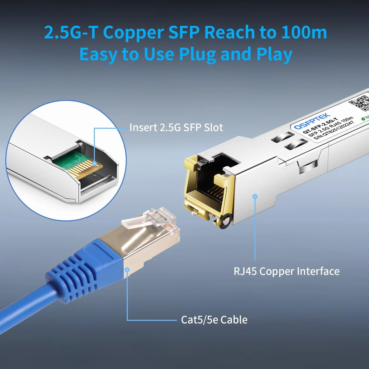 QSFPTEK 2.5GBASE-T SFP do RJ45 Transceiver, 2,5G moduł Mini-GBIC kompatybilny z Cisco SFP-2.5G-T, Ubiquiti, MikroTik, TP-Link 2.5Gb Switch/Router, do 100m (Obsługa tylko portu 2.5G)