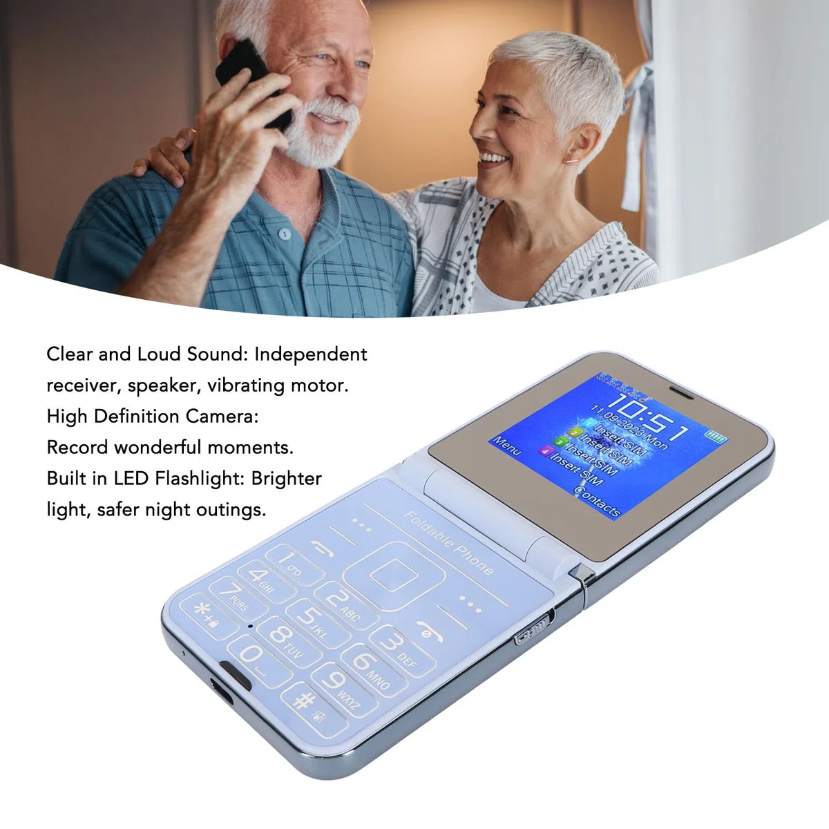 Przenośny Telefon z klapką dla Seniorów, 2,6 Cala Odblokowany Telefon z klapką 2G Telefon Komórkowy dla Seniorów Duży Przycisk Głośny Dźwięk Podstawowy Telefon dla Osób Starszych
