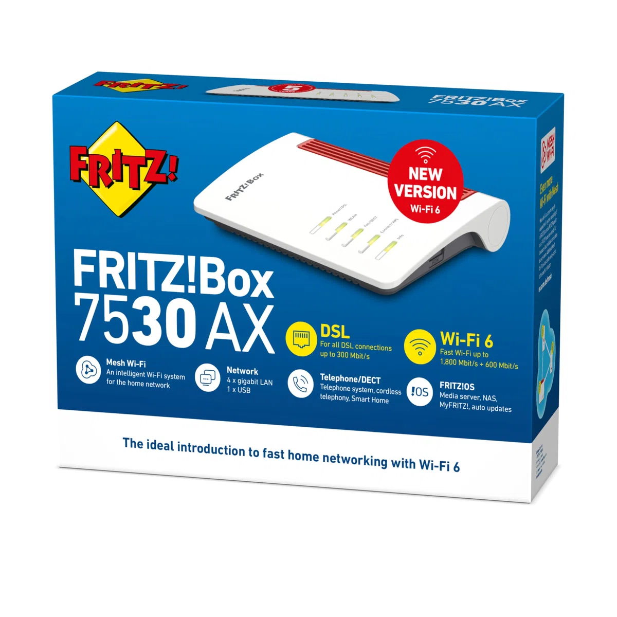 AVM FRITZ!Box 7530 AX międzynarodowy (Wi-Fi 6 Router, 1.800 Mb/s (5 GHz) i 600 Mb/s (2,4 GHz), do 300 Mb/s z supervectoring 35b, System Wi-Fi Mesh, Baza DECT, Serwer multimediów)