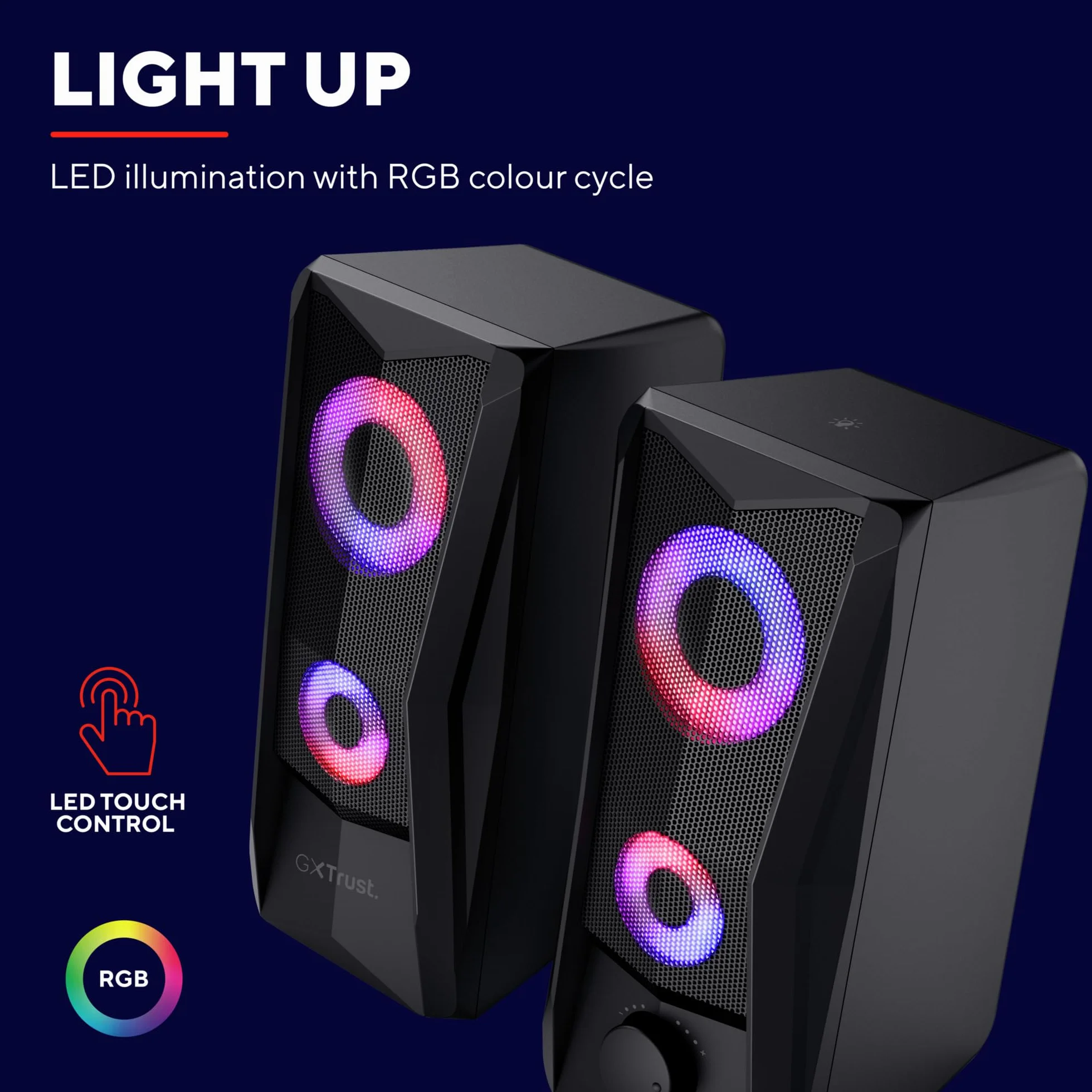 Trust Gaming GXT 606B Javv 2.0 PC głośnik z oświetleniem RGB LED, 12 W (6 W RMS), zasilanie USB, kompaktowe głośniki PC, zestaw głośników, głośniki gamingowe do komputera i laptopa – czarny
